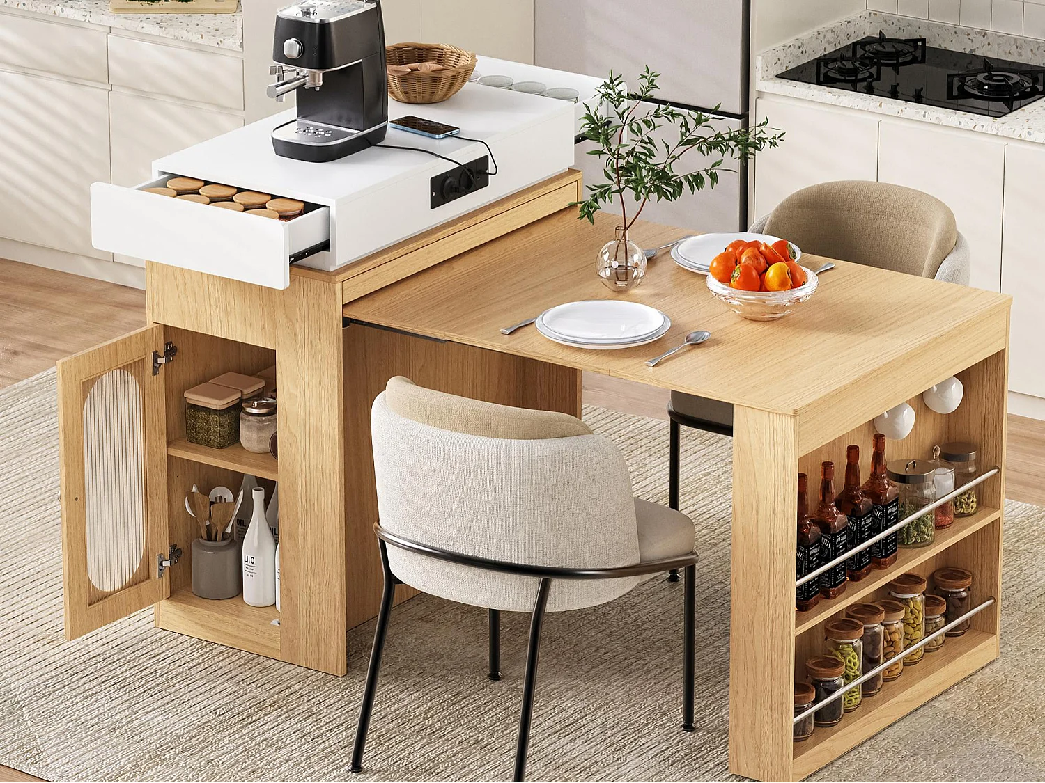 Ilot central de cuisine - table à manger extensible - avec prise de courant - avec roulettes et espace de rangement - avec crochet - Naturel