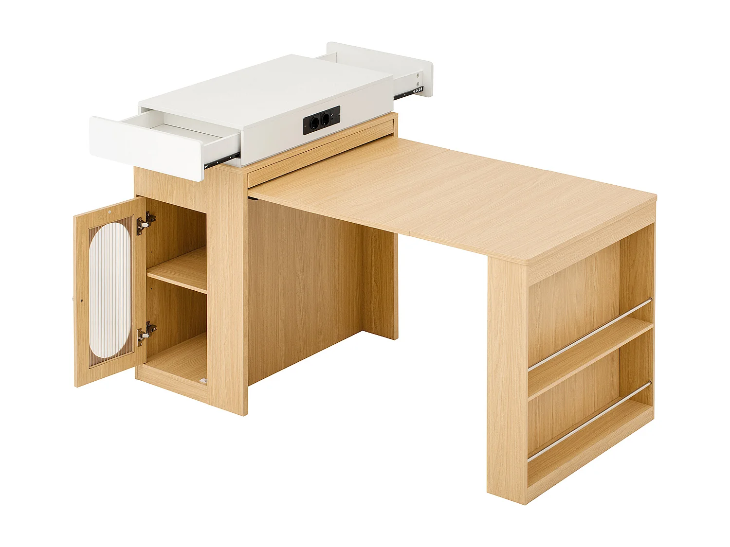 Ilot central de cuisine - table à manger extensible - avec prise de courant - avec roulettes et espace de rangement - avec crochet - Naturel