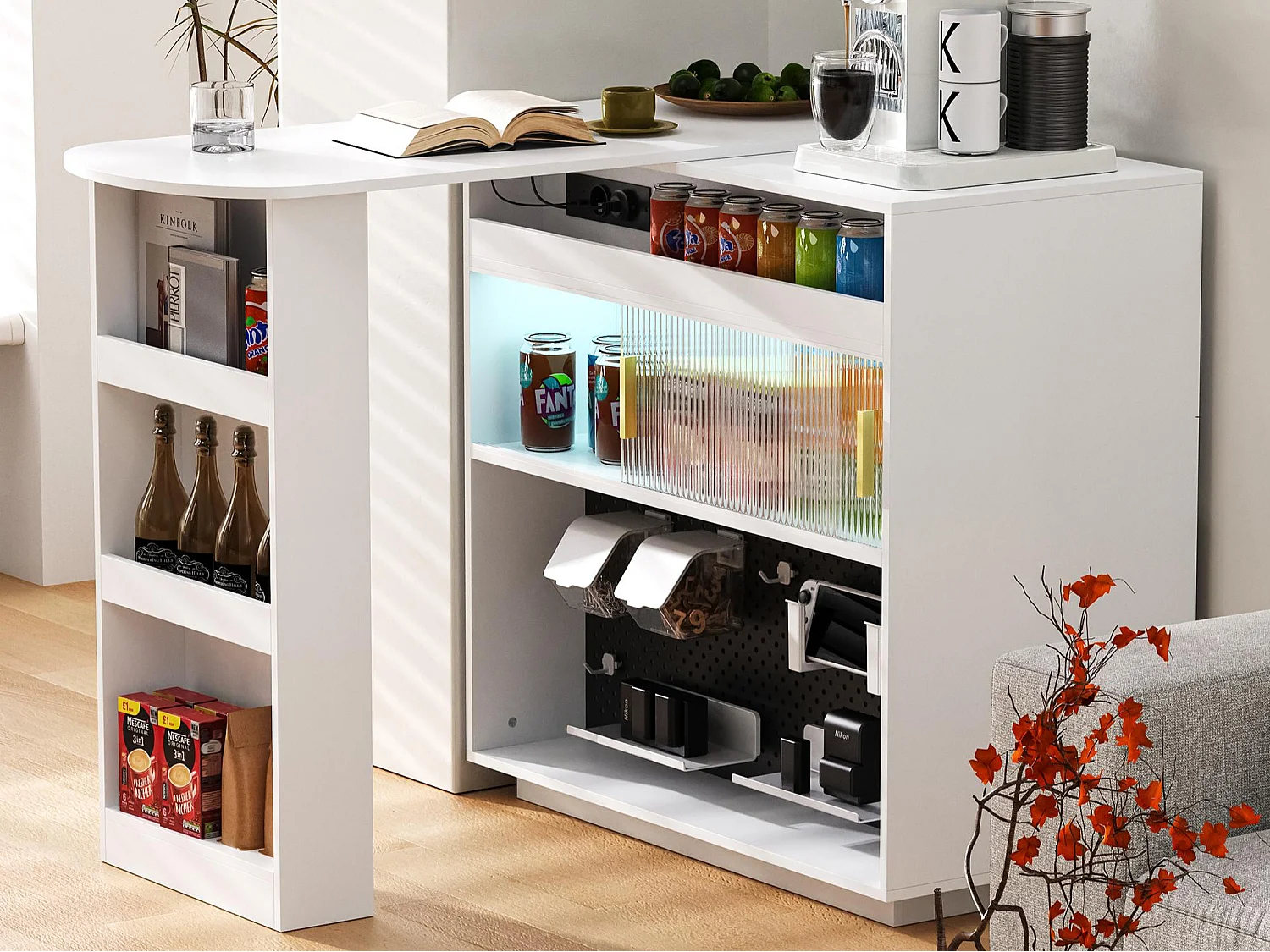 Meuble de bar de cuisine extensible - et rotation à 360° - avec prise - avec espace de rangement et éclairage LED - avec étagères latérales - Blanc