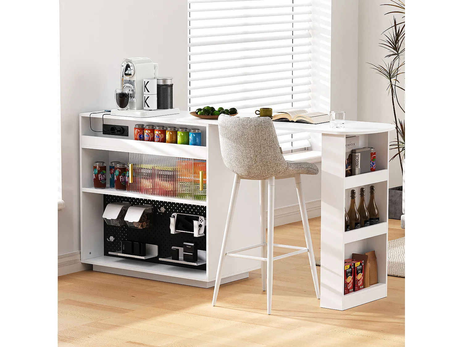 Meuble de bar de cuisine extensible - et rotation à 360° - avec prise - avec espace de rangement et éclairage LED - avec étagères latérales - Blanc