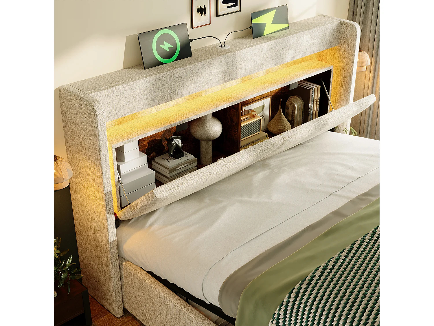 Gepolstertes Bett mit Stauraum 160x200cm - mit LED und USB-Anschluss - mit 1 Schublade - Kopfteil mit Stauraum - Leinen - Beige​ (ohne Matratze)