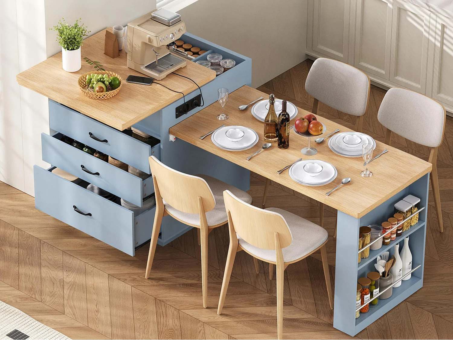 Ilot central de cuisine - table à manger extensible - avec éclairage LED - avec prise de courant - avec roulettes et espace de rangement - Bleu