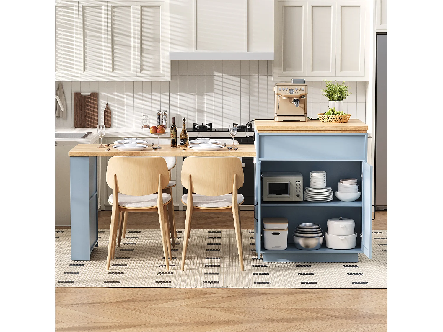 Ilot central de cuisine - table à manger extensible - avec éclairage LED - avec prise de courant - avec roulettes et espace de rangement - Bleu