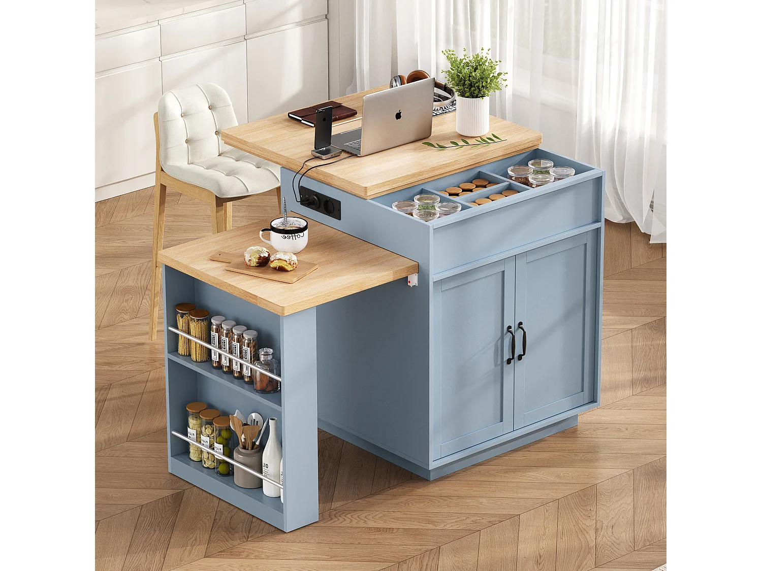 Ilot central de cuisine - table à manger extensible - avec éclairage LED - avec prise de courant - avec roulettes et espace de rangement - Bleu
