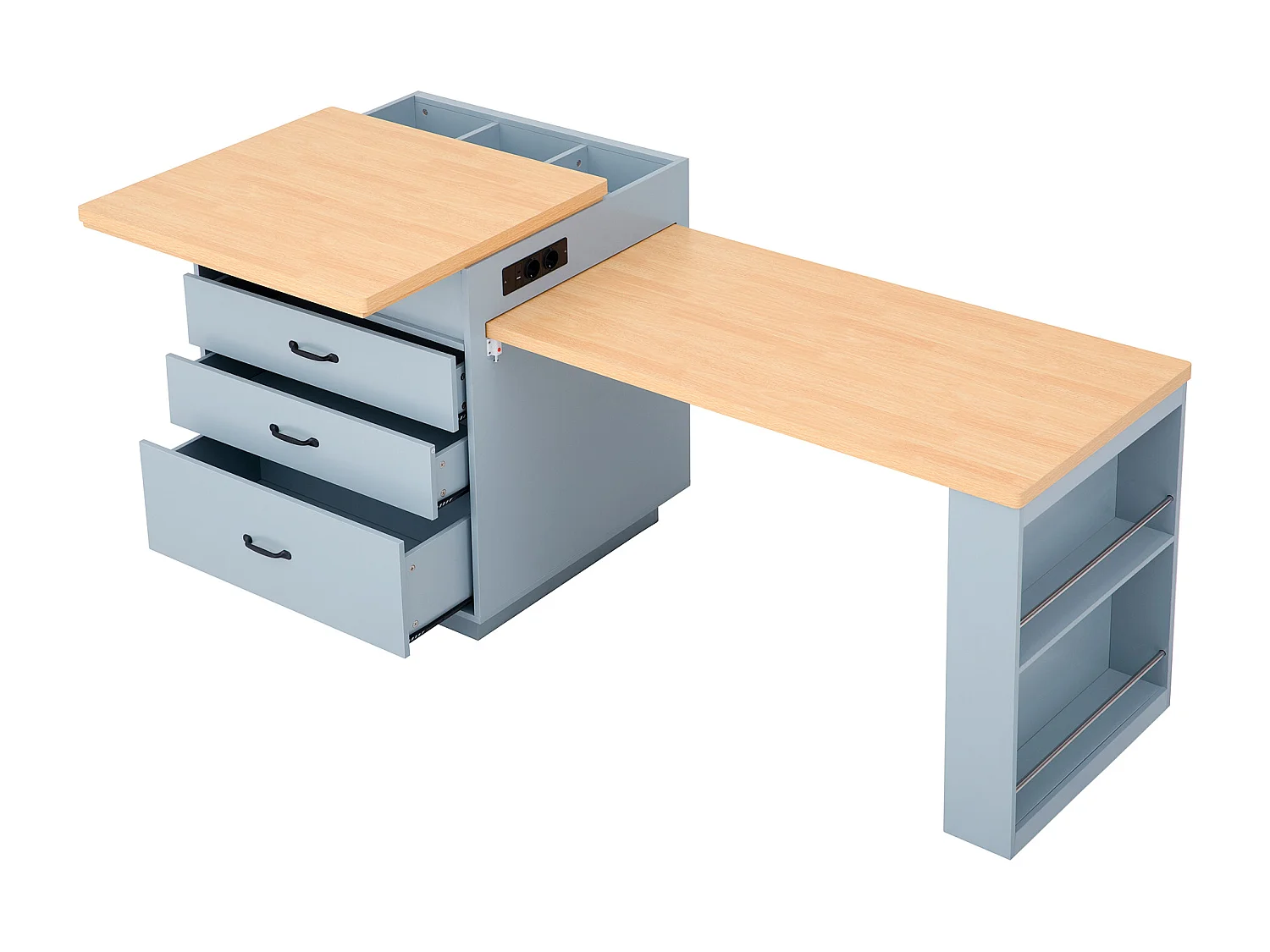 Ilot central de cuisine - table à manger extensible - avec éclairage LED - avec prise de courant - avec roulettes et espace de rangement - Bleu