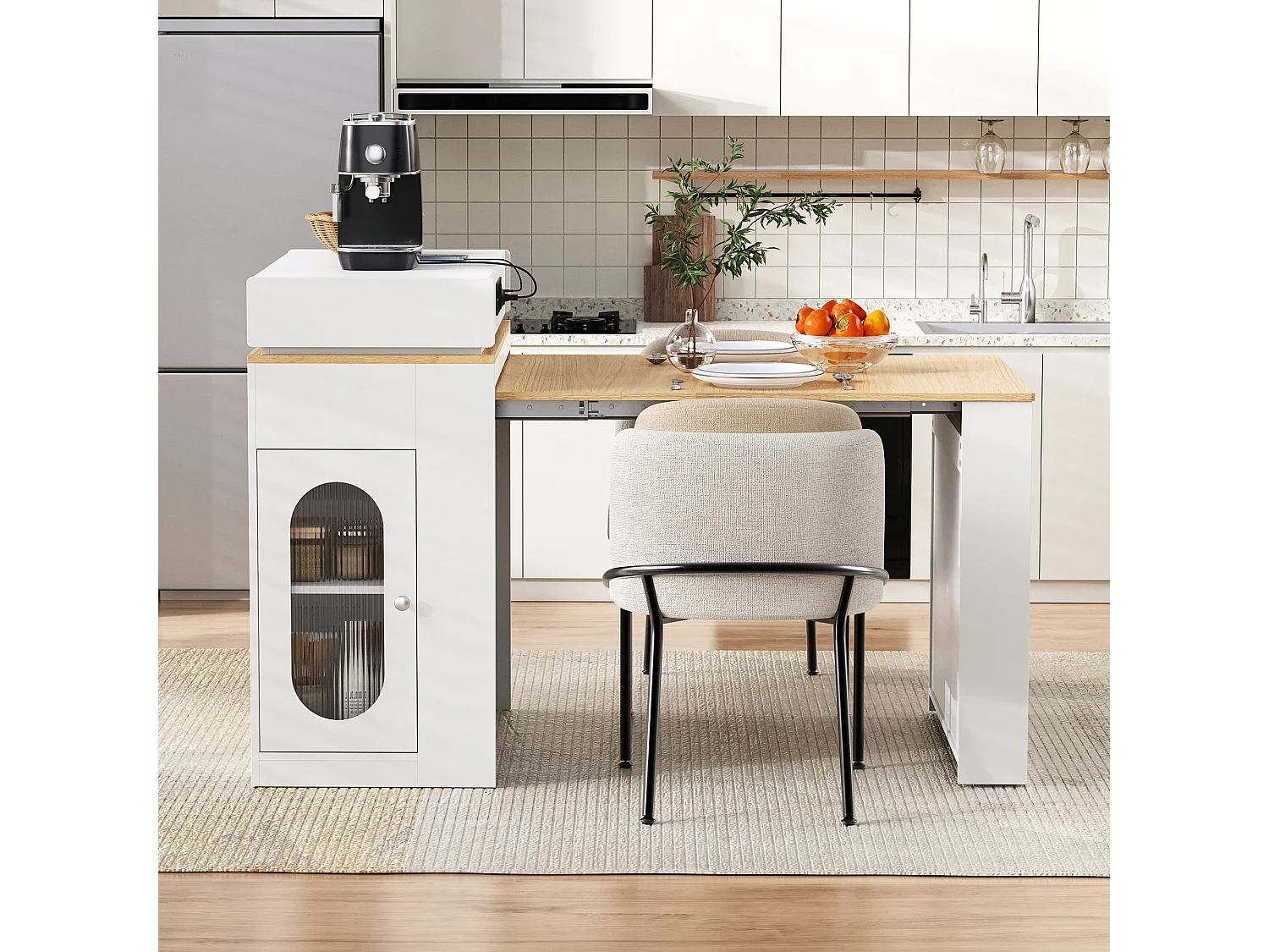 Ilot central de cuisine - table à manger extensible - avec prise de courant - avec roulettes et espace de rangement - avec crochet - Naturel + Blanc