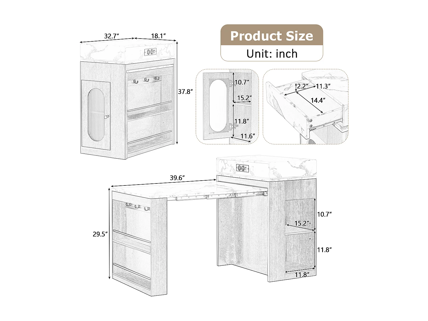 Ilot central de cuisine - table à manger extensible - avec prise de courant - avec roulettes et espace de rangement - avec crochet - Naturel + Blanc