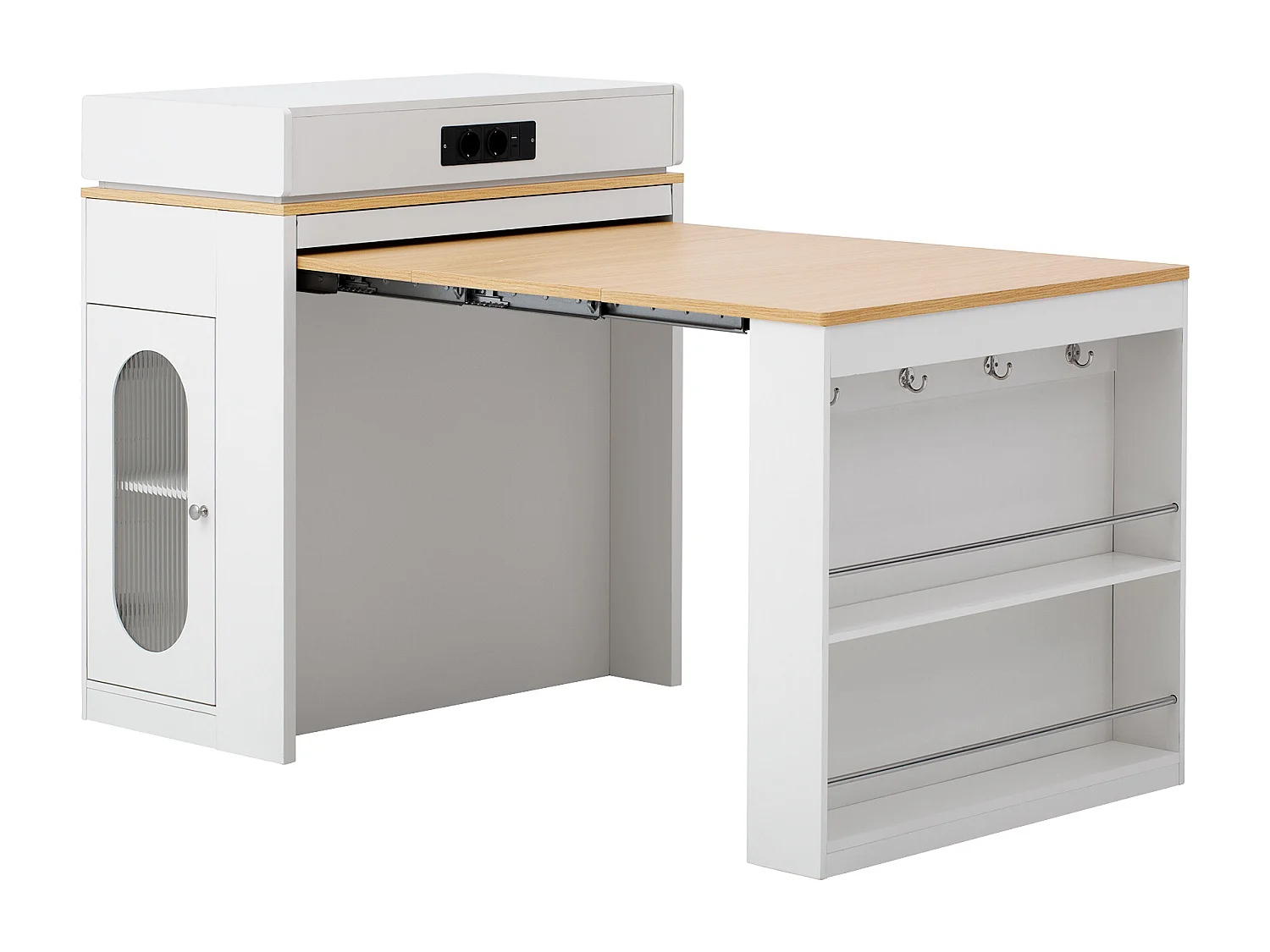 Ilot central de cuisine - table à manger extensible - avec prise de courant - avec roulettes et espace de rangement - avec crochet - Naturel + Blanc