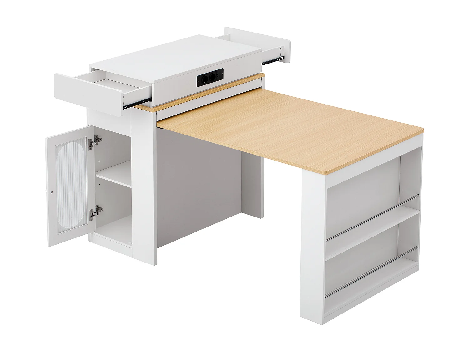 Ilot central de cuisine - table à manger extensible - avec prise de courant - avec roulettes et espace de rangement - avec crochet - Naturel + Blanc