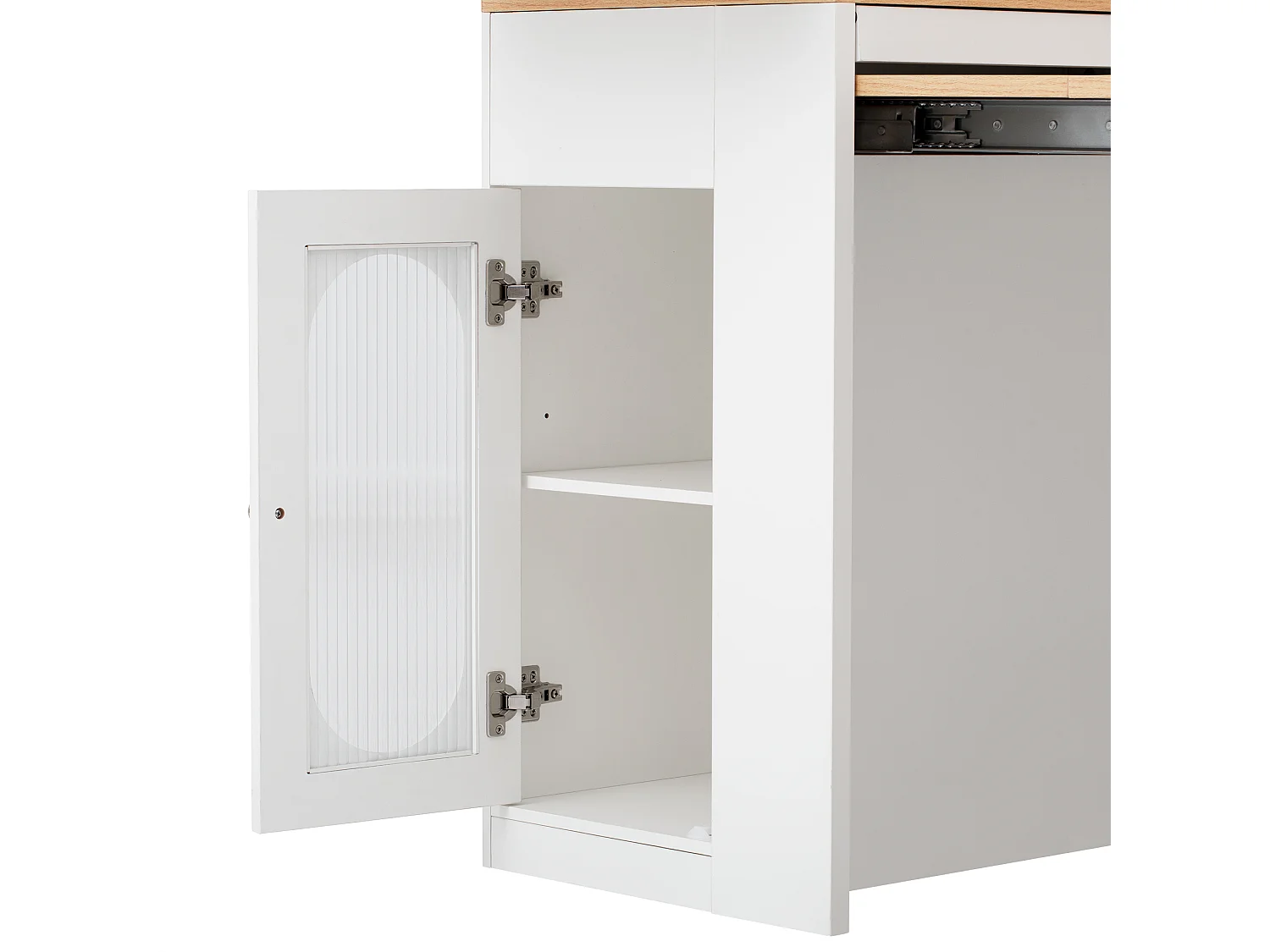 Ilot central de cuisine - table à manger extensible - avec prise de courant - avec roulettes et espace de rangement - avec crochet - Naturel + Blanc