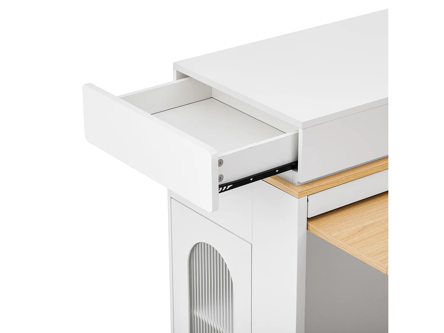 Ilot central de cuisine - table à manger extensible - avec prise de courant - avec roulettes et espace de rangement - avec crochet - Naturel + Blanc