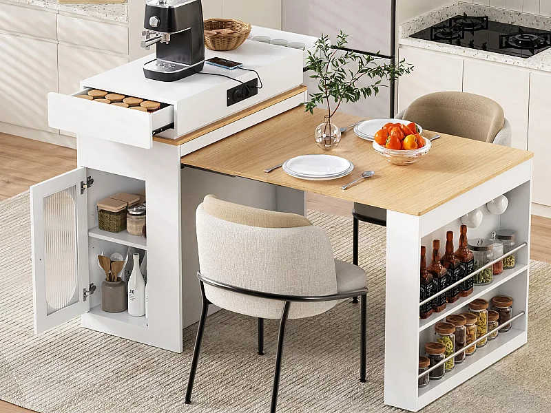 Ilot central de cuisine - table à manger extensible - avec prise de courant - avec roulettes et espace de rangement - avec crochet - Naturel + Blanc