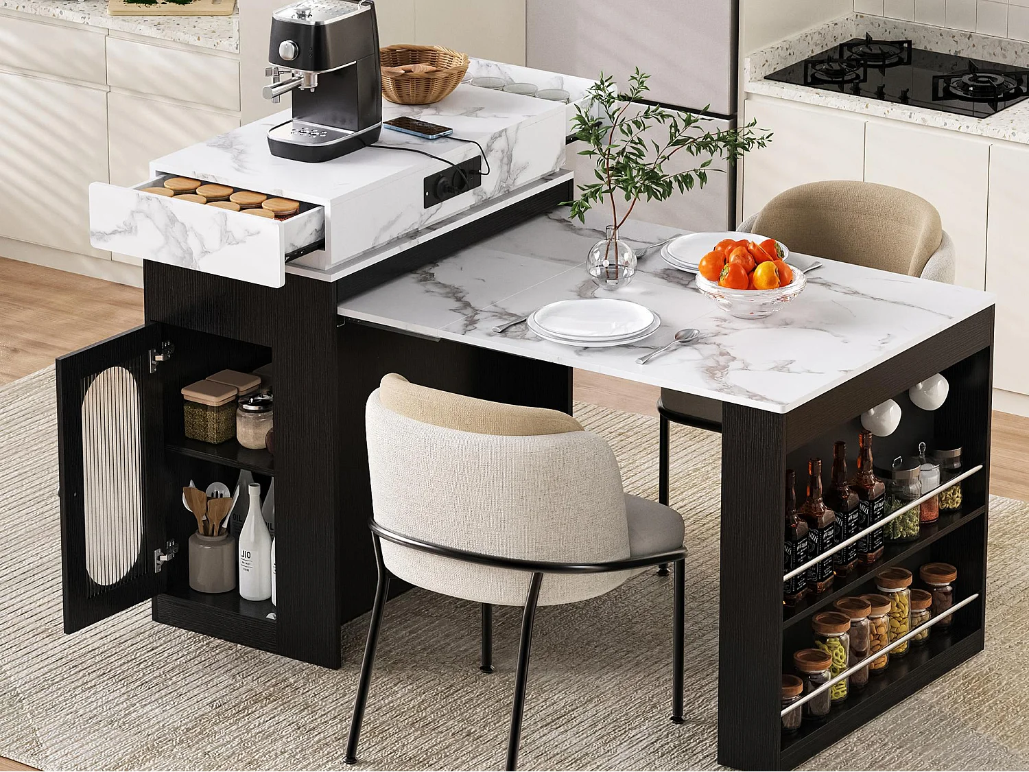 Ilot central de cuisine - table à manger extensible - avec prise de courant - avec roulettes et espace de rangement - avec crochet - Noir + Blanc