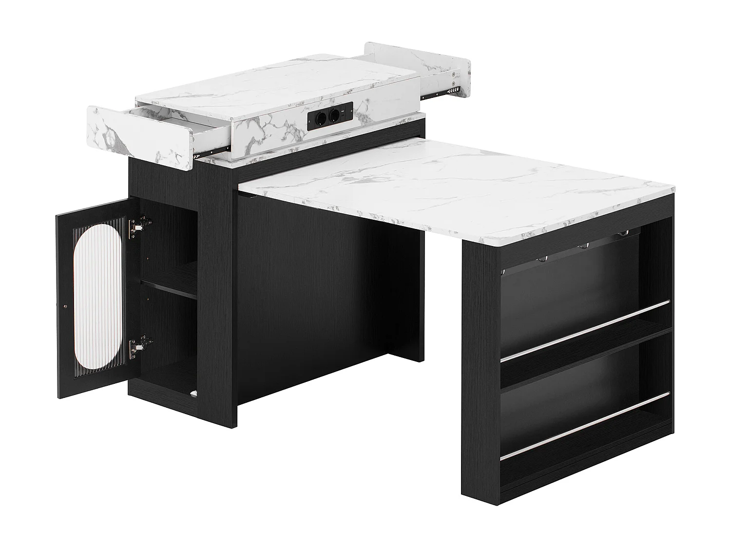 Ilot central de cuisine - table à manger extensible - avec prise de courant - avec roulettes et espace de rangement - avec crochet - Noir + Blanc