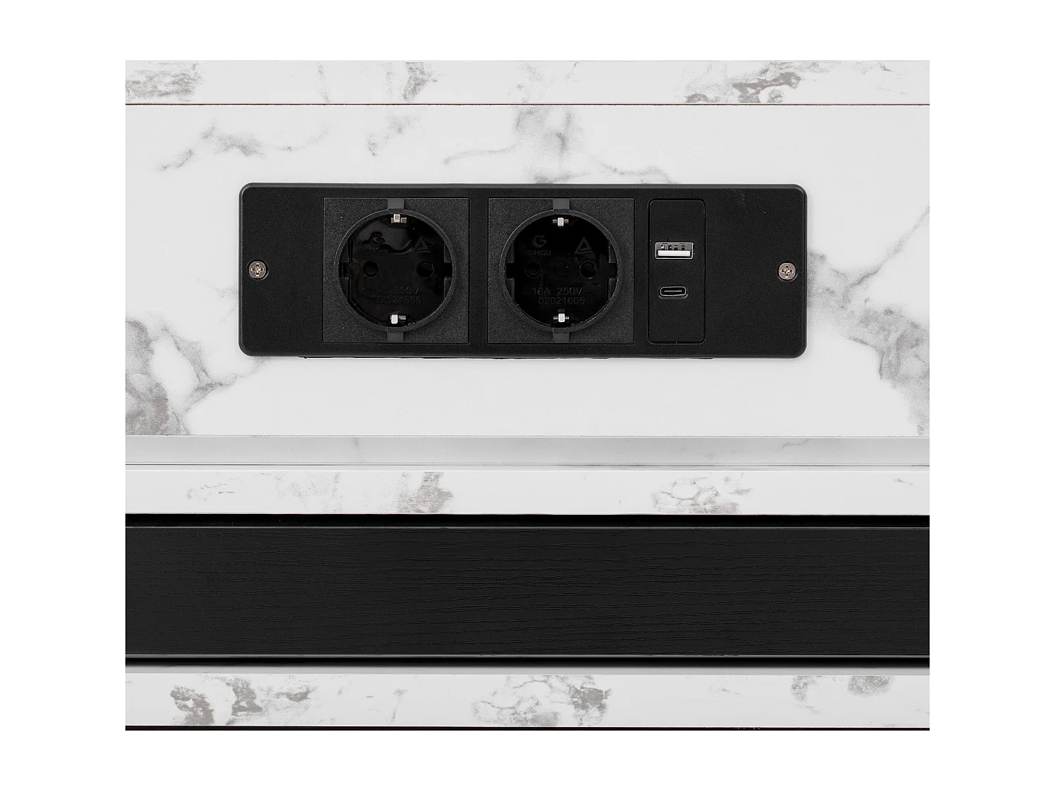 Ilot central de cuisine - table à manger extensible - avec prise de courant - avec roulettes et espace de rangement - avec crochet - Noir + Blanc