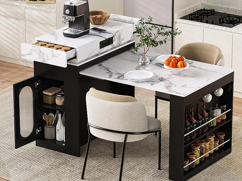 Ilot central de cuisine - table à manger extensible - avec prise de courant - avec roulettes et espace de rangement - avec crochet - Noir + Blanc