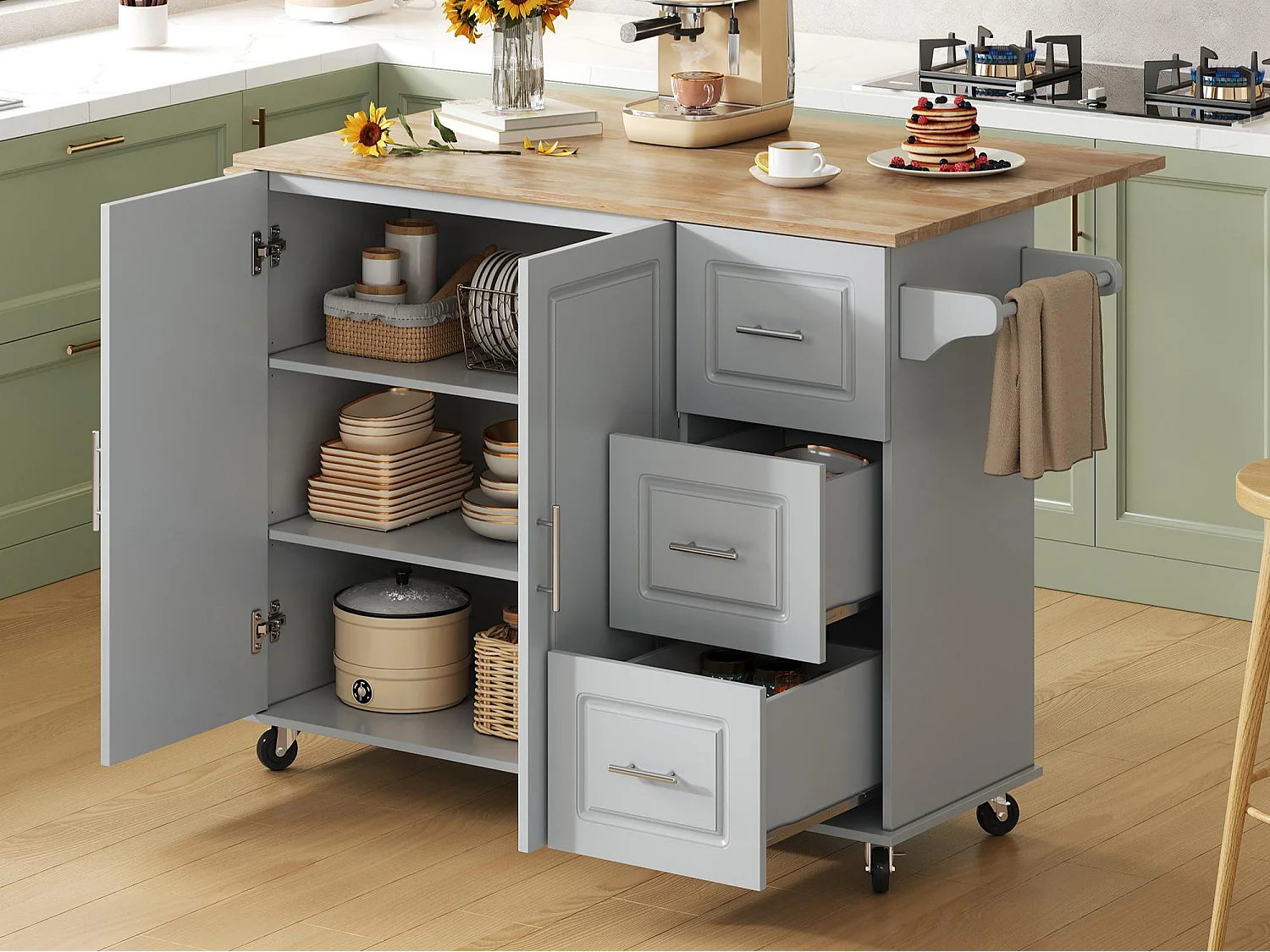 Isola centrale per cucina mobile - piano estensibile - con porta asciugamani - con rotelle - con 3 cassetti e 2 ante - MDF - Grigio