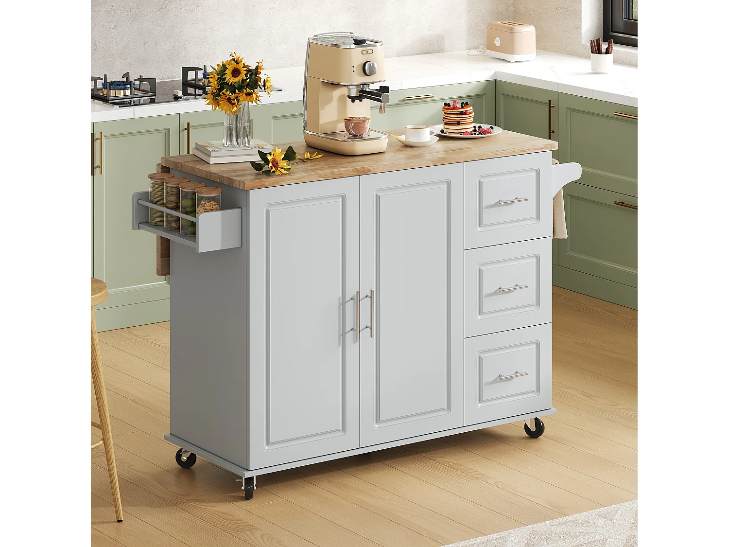 Isola centrale per cucina mobile - piano estensibile - con porta asciugamani - con rotelle - con 3 cassetti e 2 ante - MDF - Grigio