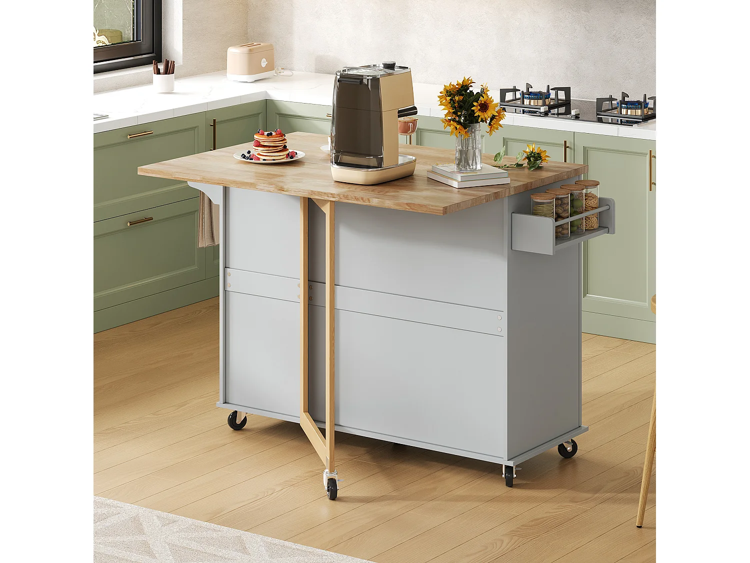Isola centrale per cucina mobile - piano estensibile - con porta asciugamani - con rotelle - con 3 cassetti e 2 ante - MDF - Grigio
