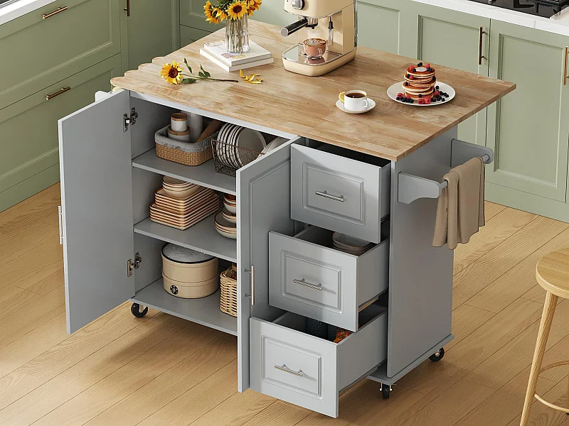 Isola centrale per cucina mobile - piano estensibile - con porta asciugamani - con rotelle - con 3 cassetti e 2 ante - MDF - Grigio