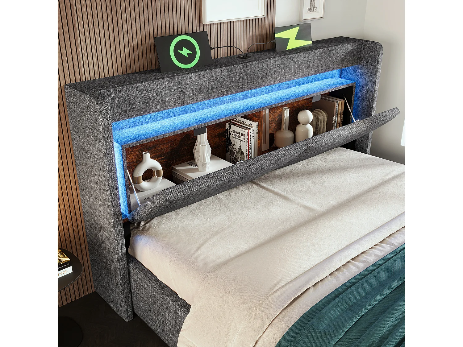 Gepolstertes Bett mit Stauraum 180x200cm - mit LED und USB-Anschluss - mit 1 Schublade - Kopfteil mit Stauraum - Leinen - Grau​ (ohne Matratze)