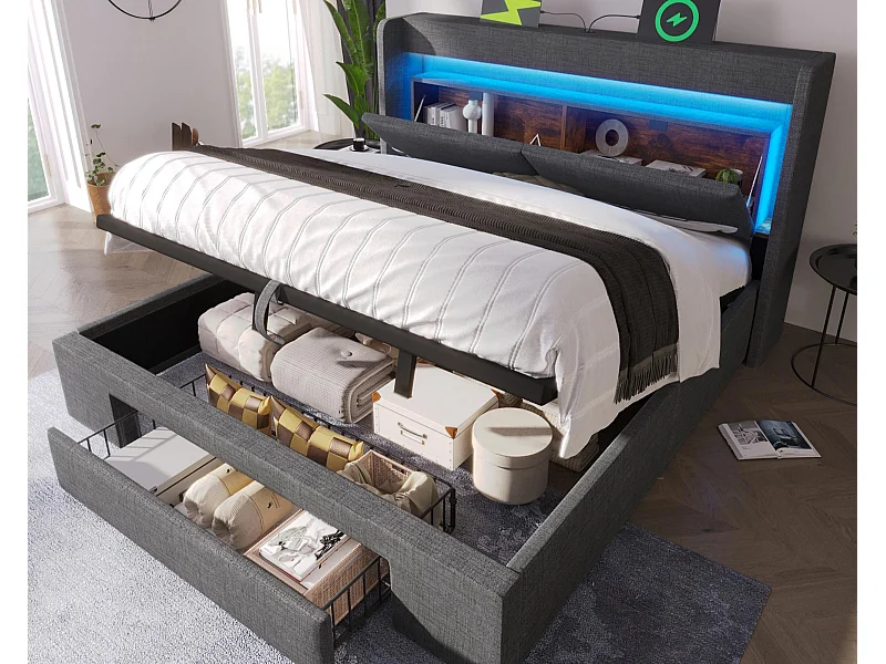 Letto con contenitore imbottito 180x200cm - con LED e interfaccia USB - con 1 cassetto - testiera con riporre - lino - Grigio​ (senza materasso)