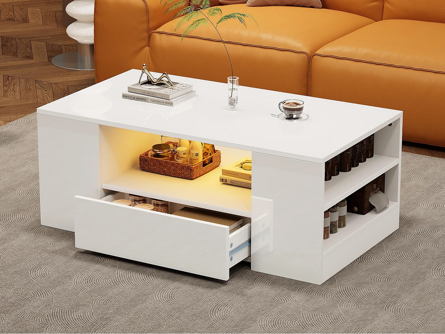 Moderner hochglänzender lackierter Couchtisch 95x53x37 cm - mit LED-Beleuchtung - 2 Schubladen und 2 Regale - Weiß