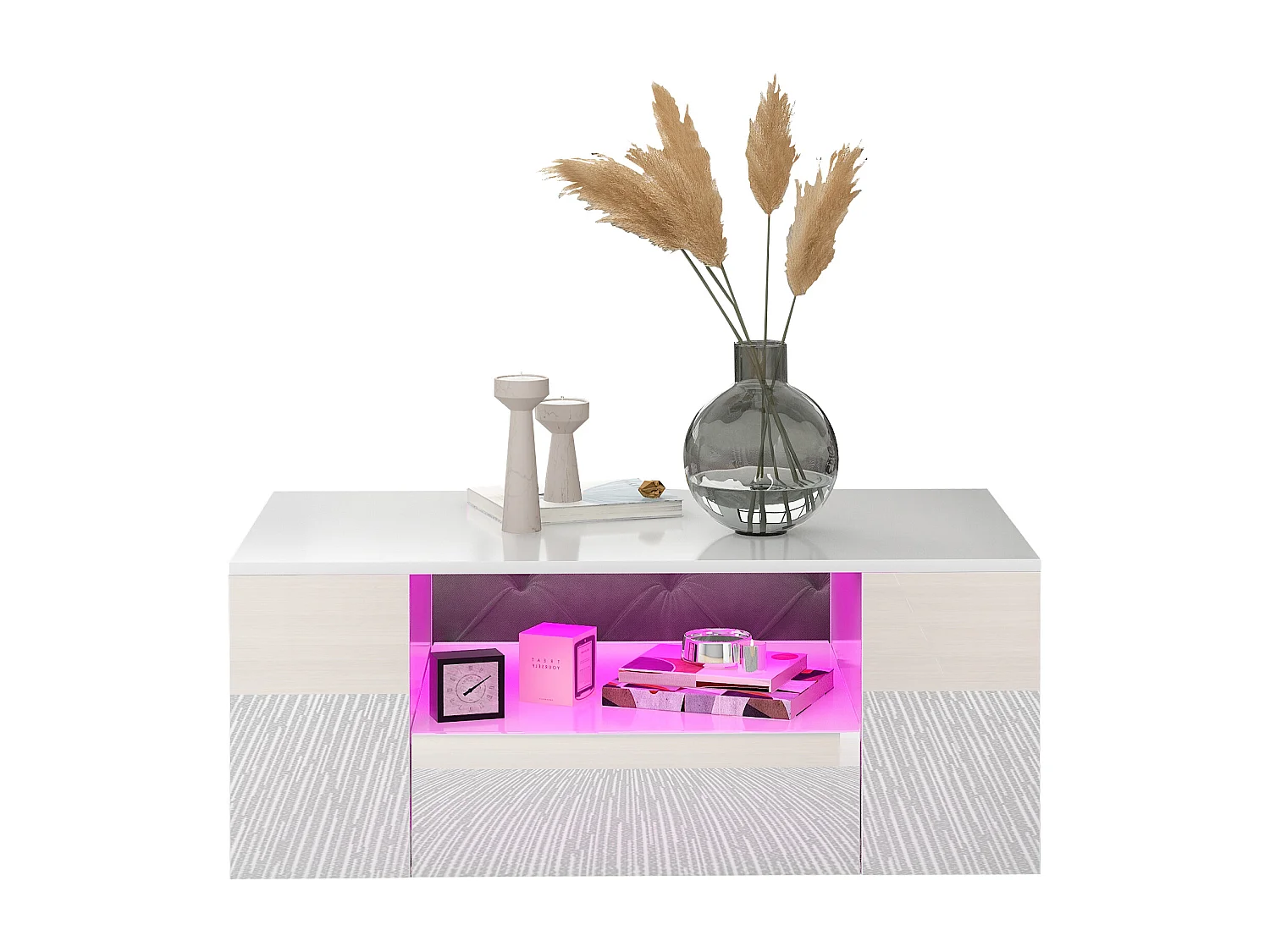 Moderner hochglänzender lackierter Couchtisch 95x53x37 cm - mit LED-Beleuchtung - 2 Schubladen und 2 Regale - Weiß