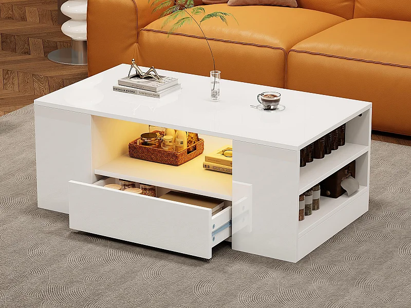 Moderner hochglänzender lackierter Couchtisch 95x53x37 cm - mit LED-Beleuchtung - 2 Schubladen und 2 Regale - Weiß