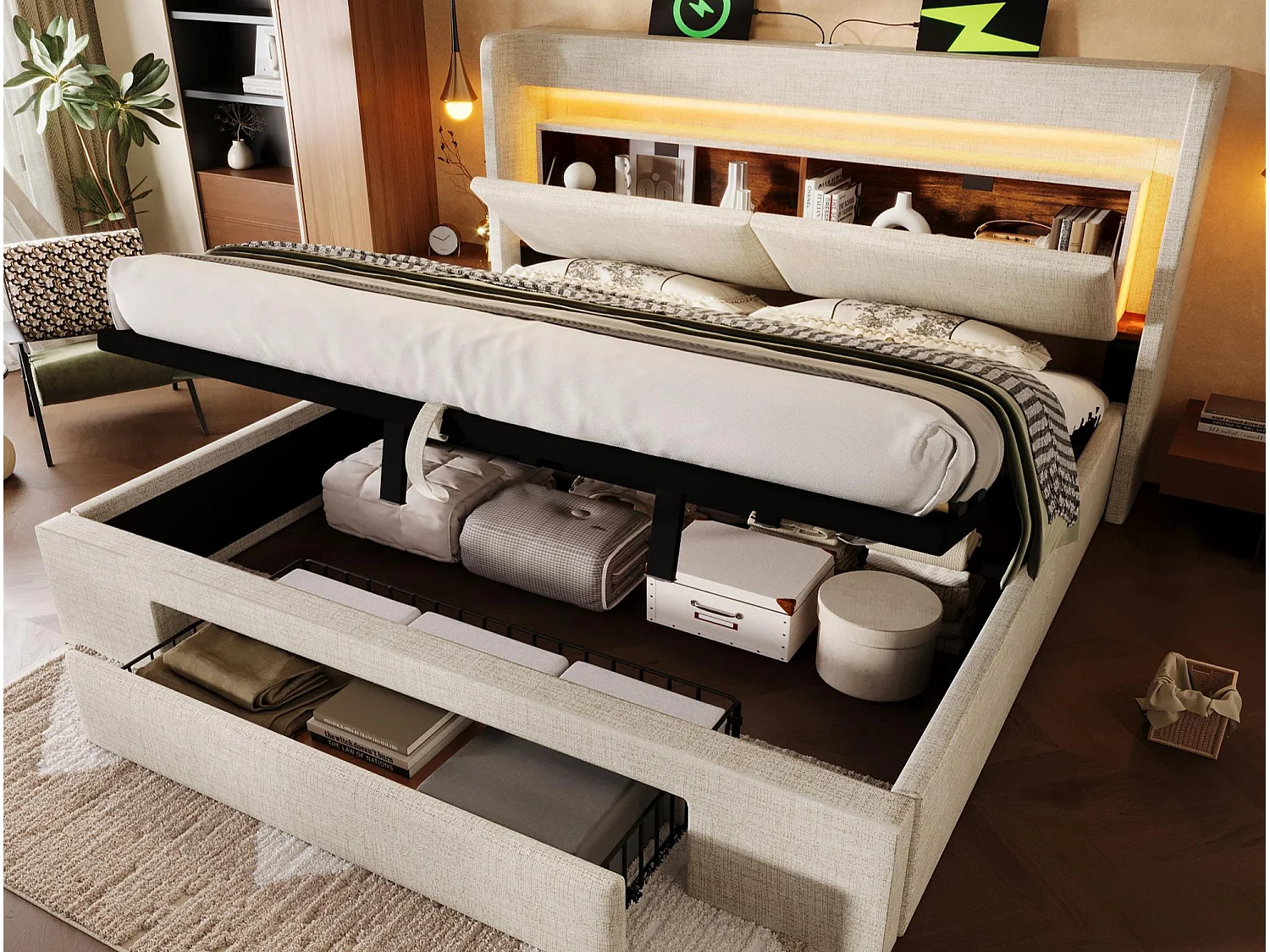 Gepolstertes Bett mit Stauraum 180x200cm - mit LED und USB-Anschluss - mit 1 Schublade - Kopfteil mit Stauraum - Leinen - Beige​ (ohne Matratze)