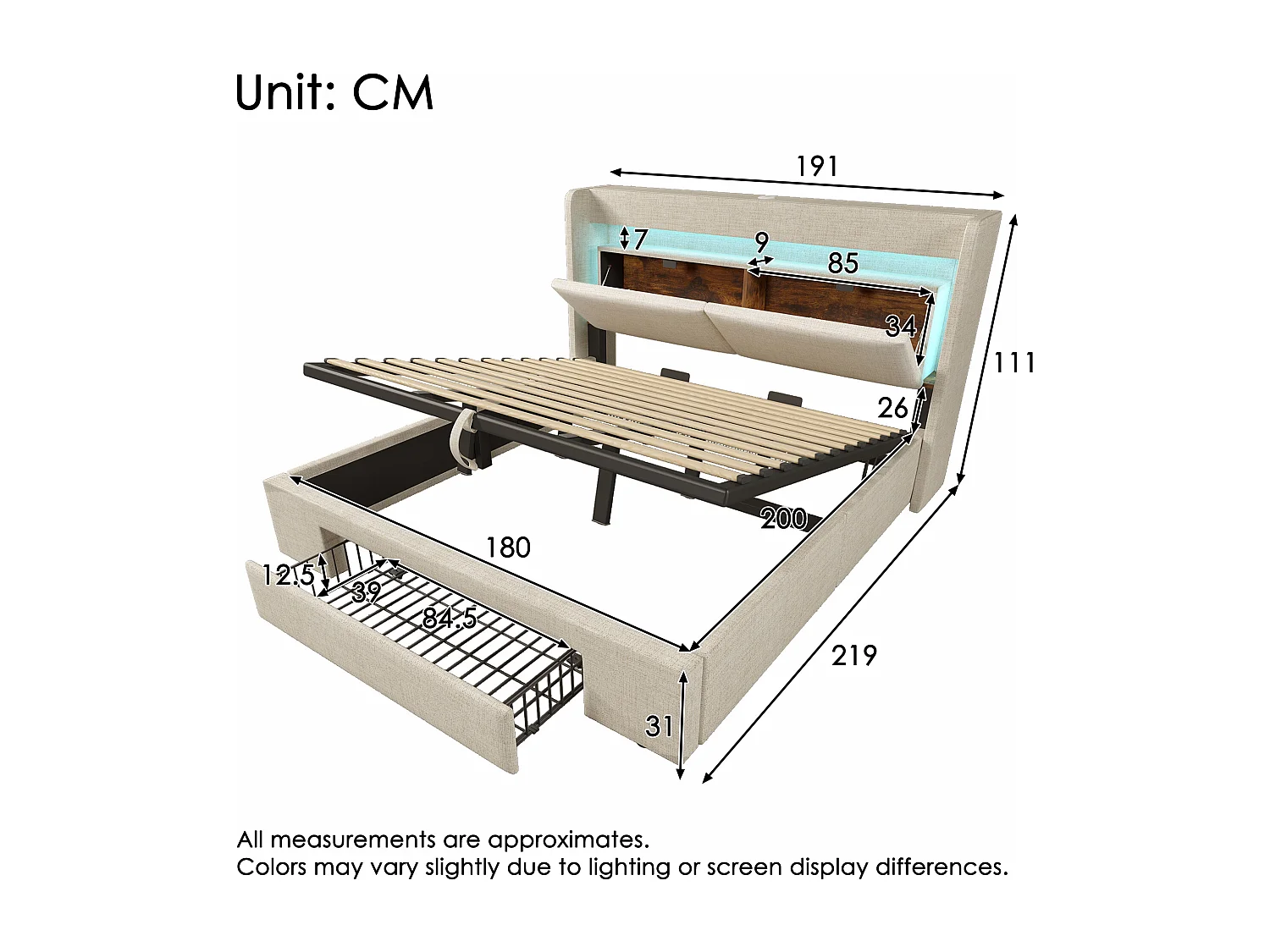 Gepolstertes Bett mit Stauraum 180x200cm - mit LED und USB-Anschluss - mit 1 Schublade - Kopfteil mit Stauraum - Leinen - Beige​ (ohne Matratze)
