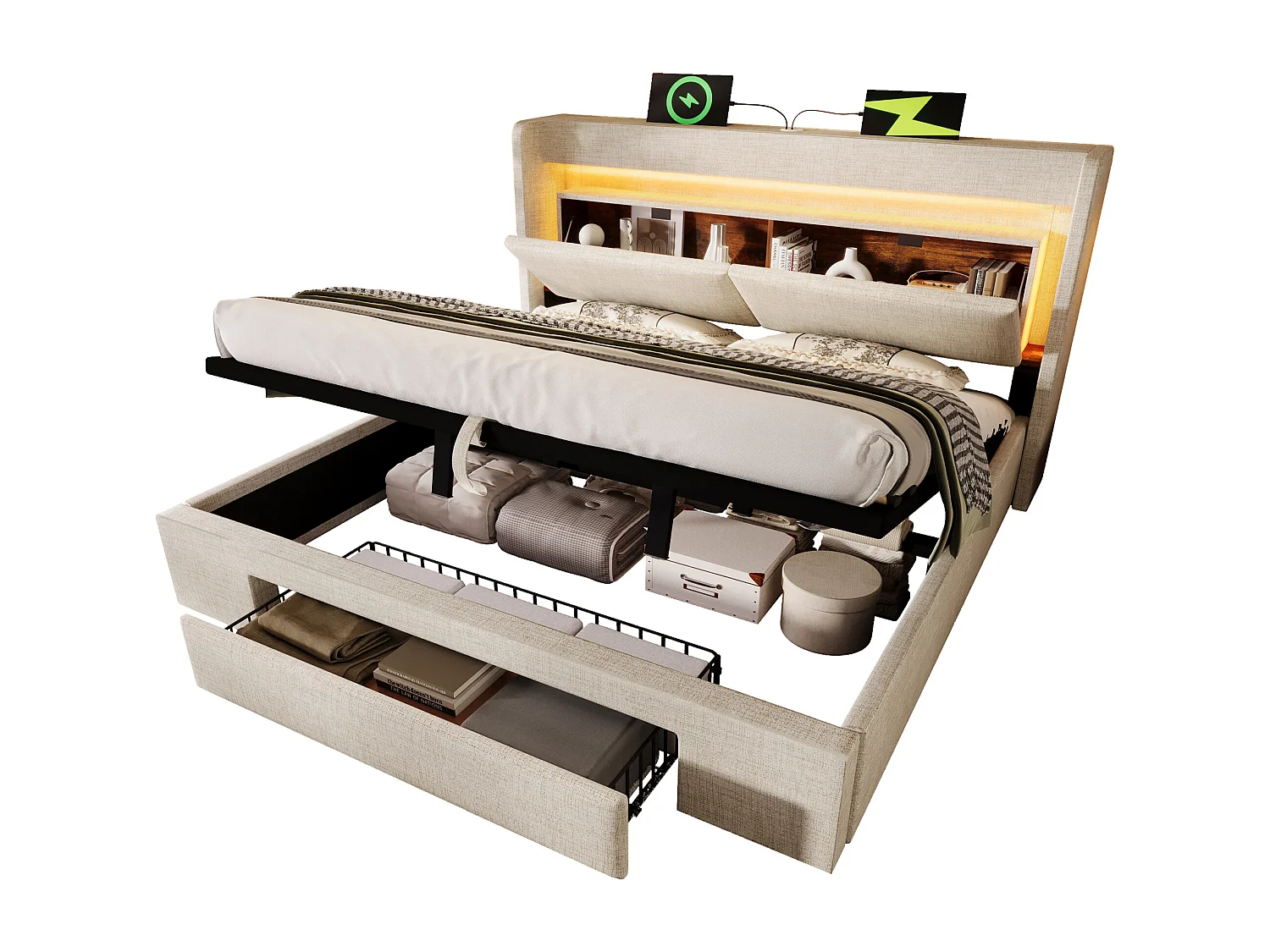 Gepolstertes Bett mit Stauraum 180x200cm - mit LED und USB-Anschluss - mit 1 Schublade - Kopfteil mit Stauraum - Leinen - Beige​ (ohne Matratze)