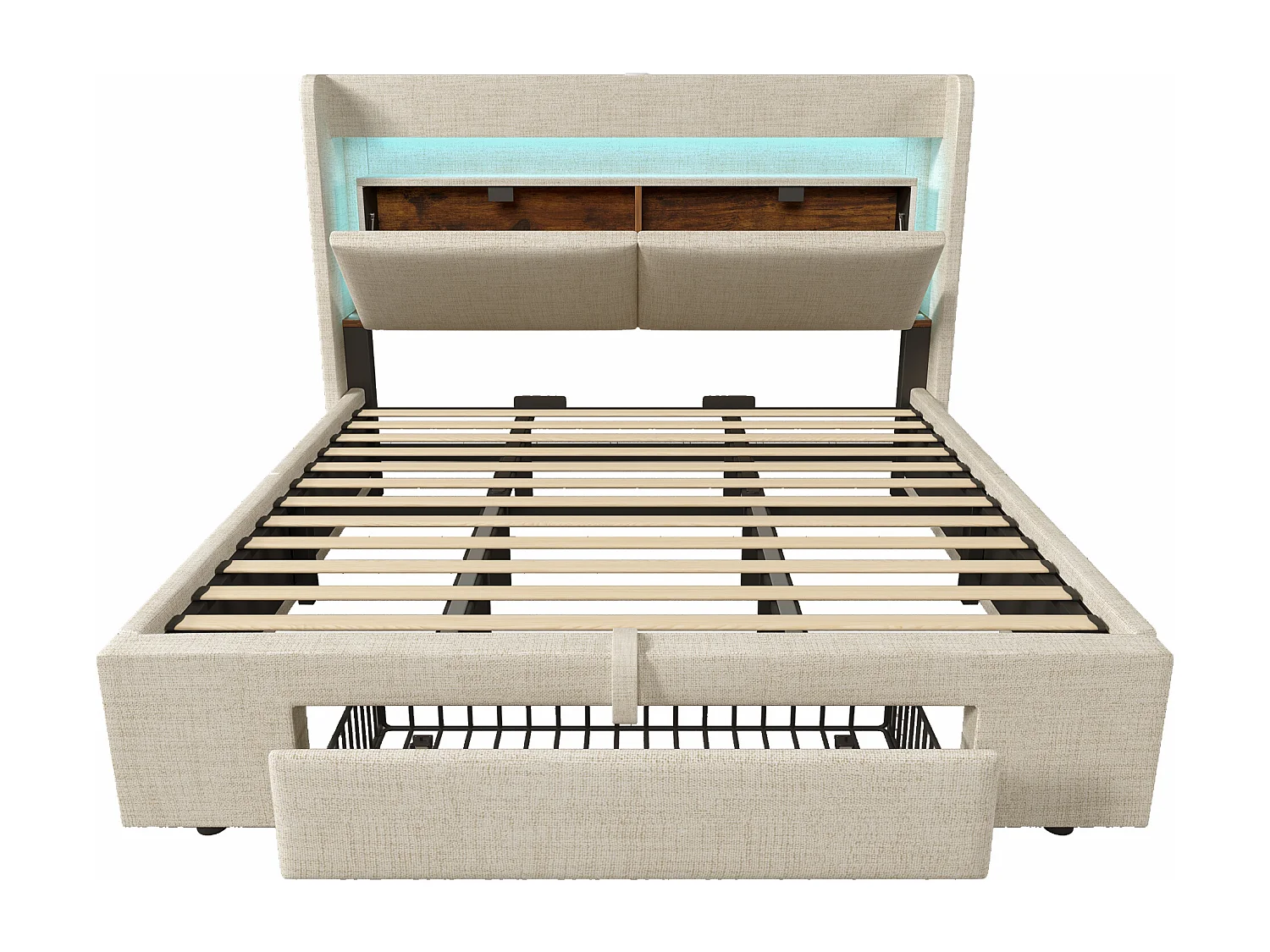 Gepolstertes Bett mit Stauraum 180x200cm - mit LED und USB-Anschluss - mit 1 Schublade - Kopfteil mit Stauraum - Leinen - Beige​ (ohne Matratze)