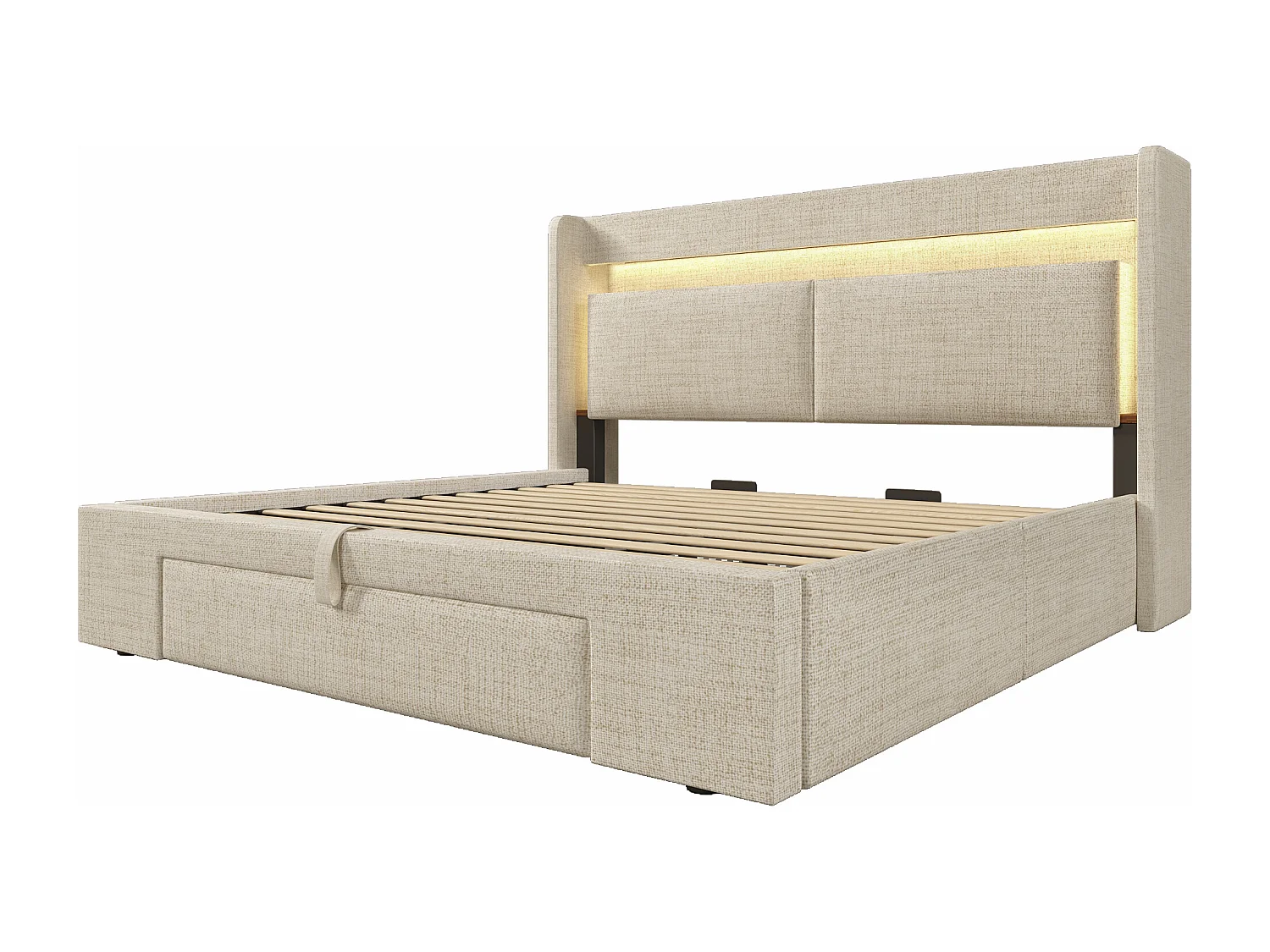 Gepolstertes Bett mit Stauraum 180x200cm - mit LED und USB-Anschluss - mit 1 Schublade - Kopfteil mit Stauraum - Leinen - Beige​ (ohne Matratze)