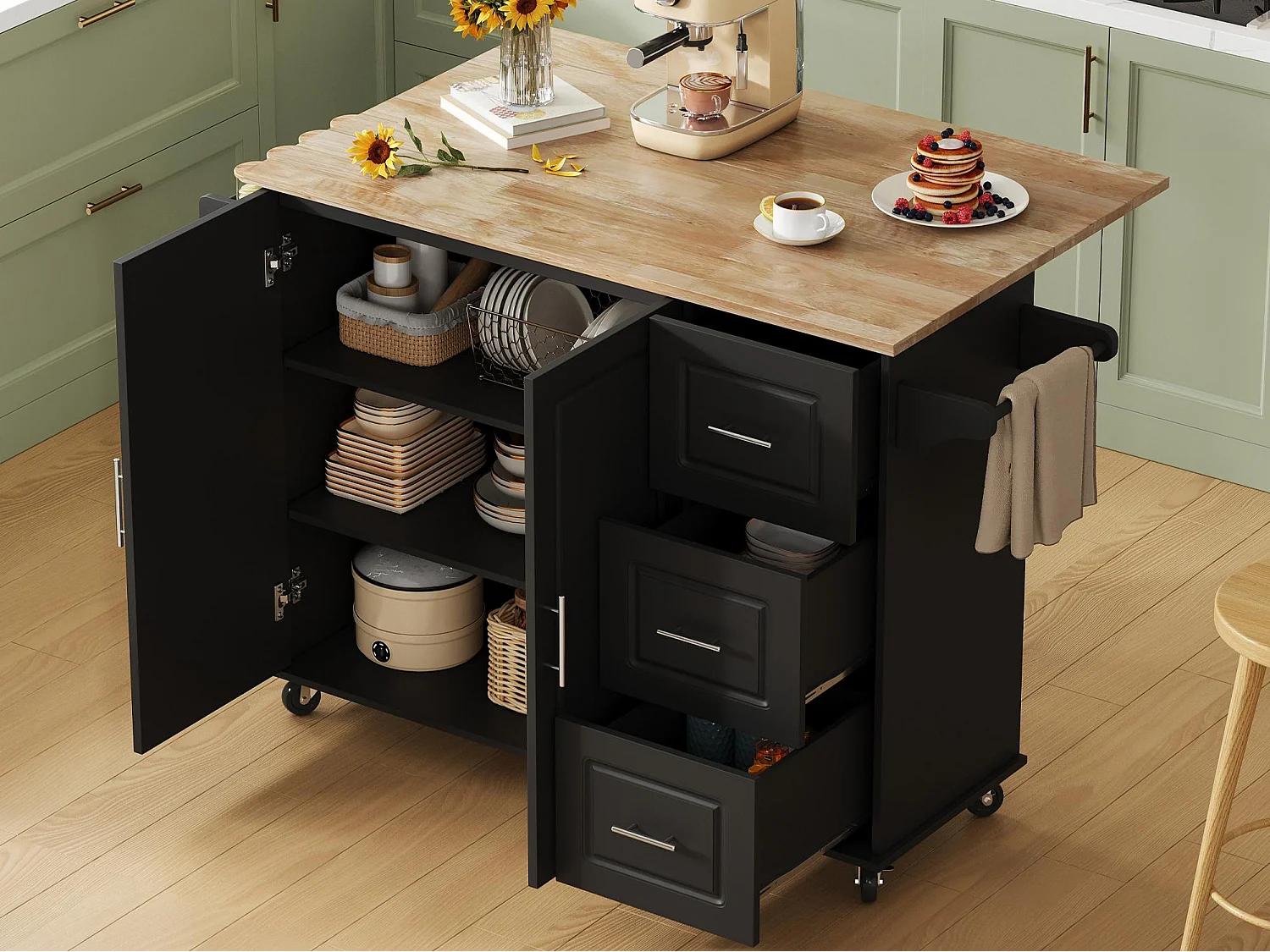Isola centrale per cucina mobile - piano estensibile - con porta asciugamani - con rotelle - con 3 cassetti e 2 ante - MDF - Nero