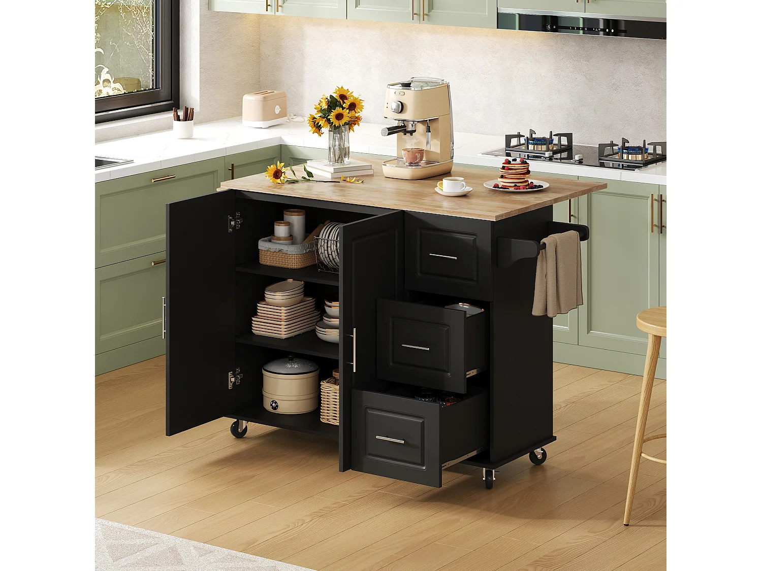 Isola centrale per cucina mobile - piano estensibile - con porta asciugamani - con rotelle - con 3 cassetti e 2 ante - MDF - Nero