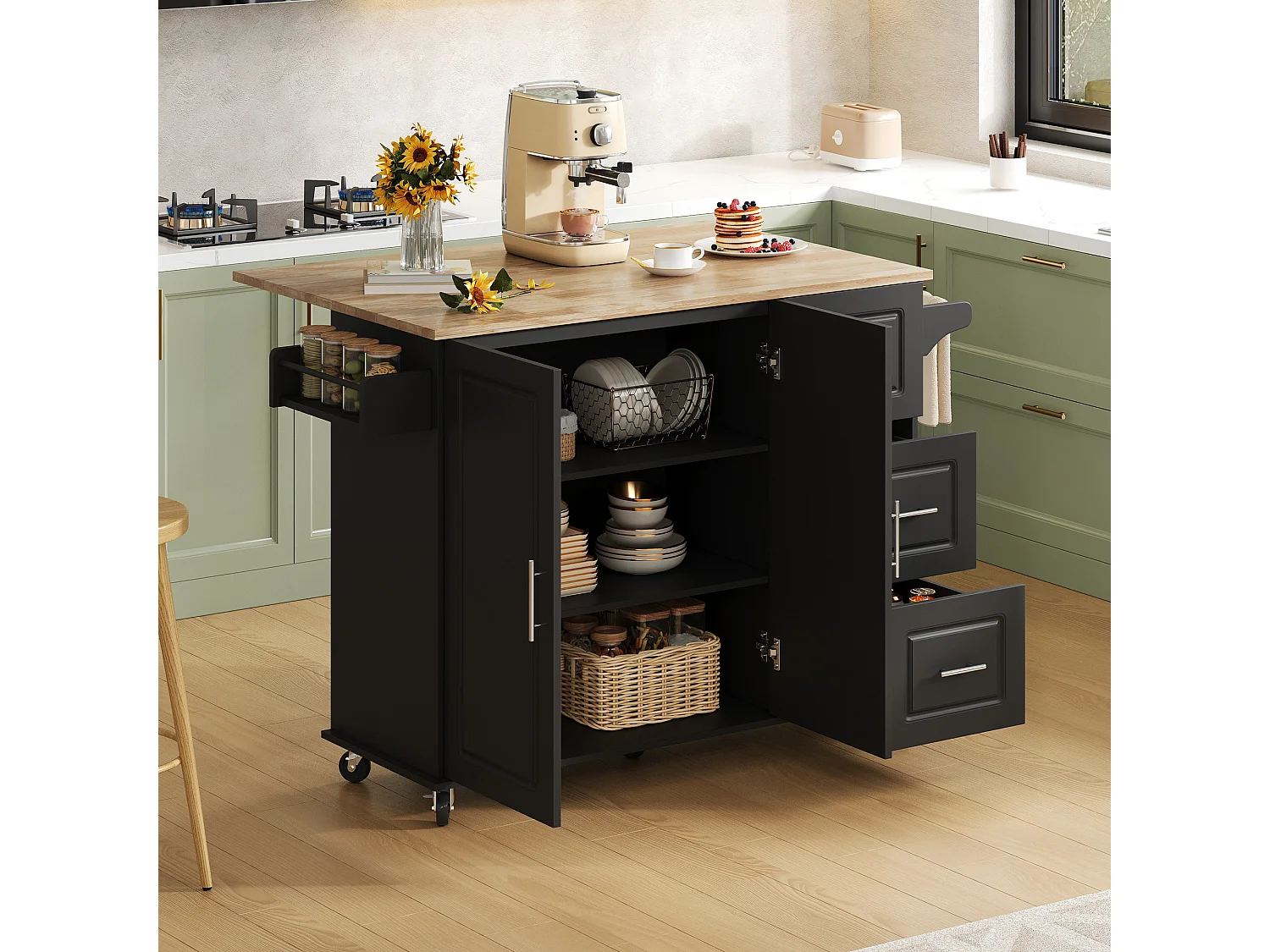 Isola centrale per cucina mobile - piano estensibile - con porta asciugamani - con rotelle - con 3 cassetti e 2 ante - MDF - Nero