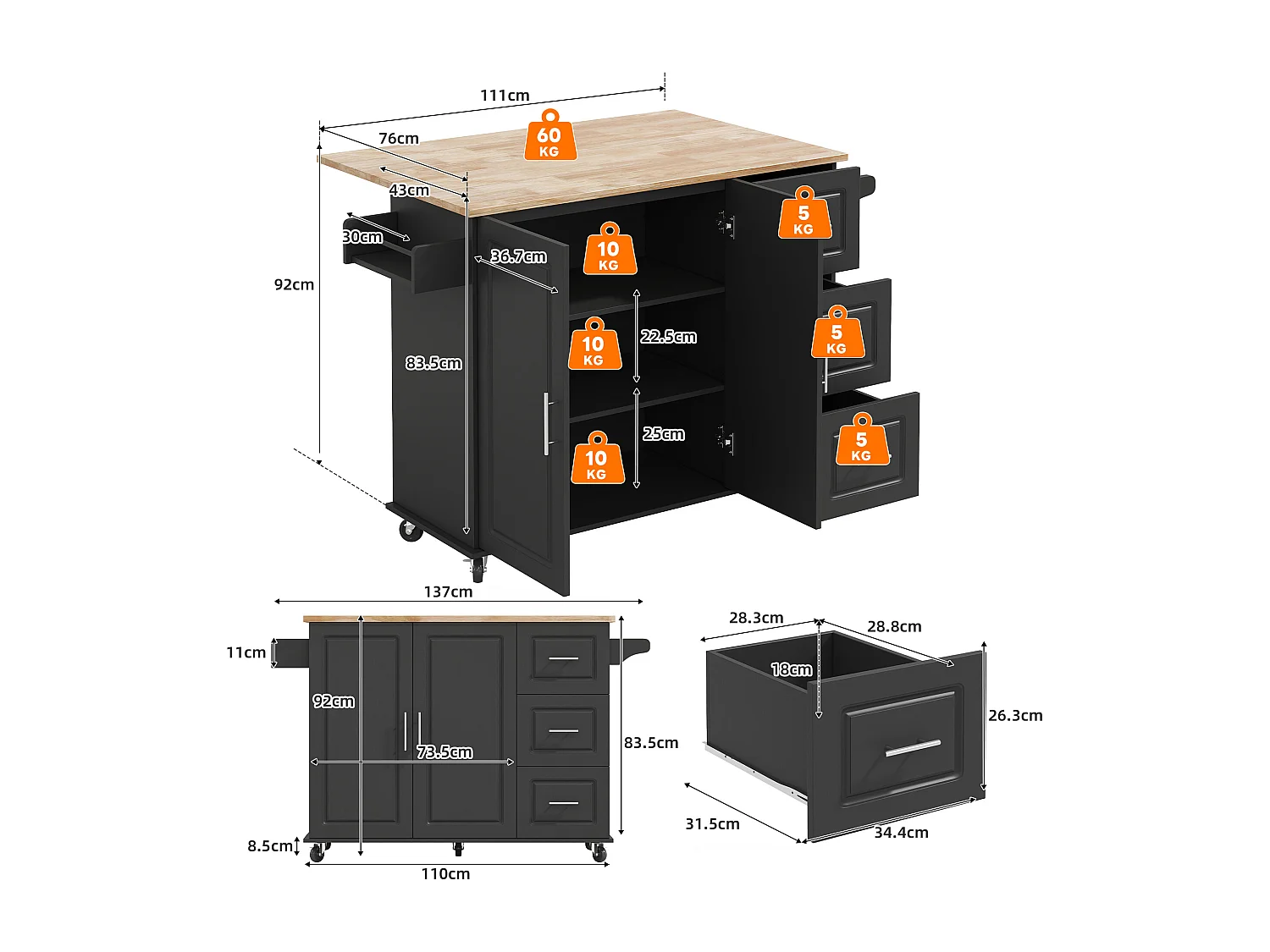 Isola centrale per cucina mobile - piano estensibile - con porta asciugamani - con rotelle - con 3 cassetti e 2 ante - MDF - Nero