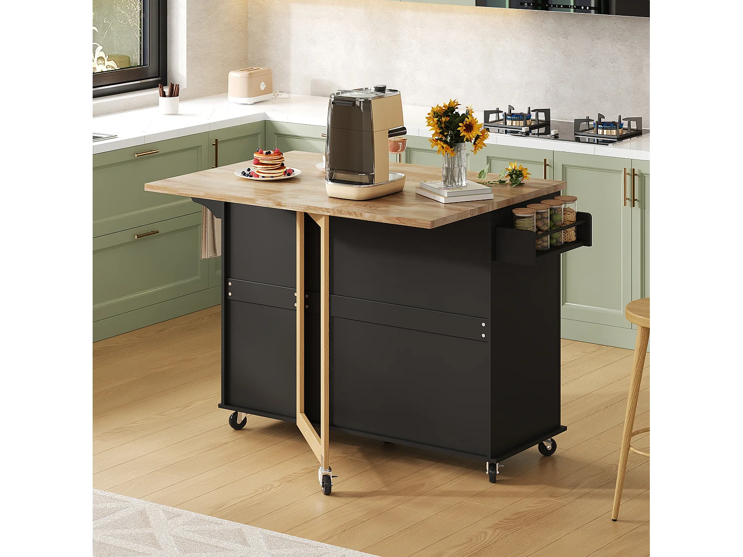 Isola centrale per cucina mobile - piano estensibile - con porta asciugamani - con rotelle - con 3 cassetti e 2 ante - MDF - Nero
