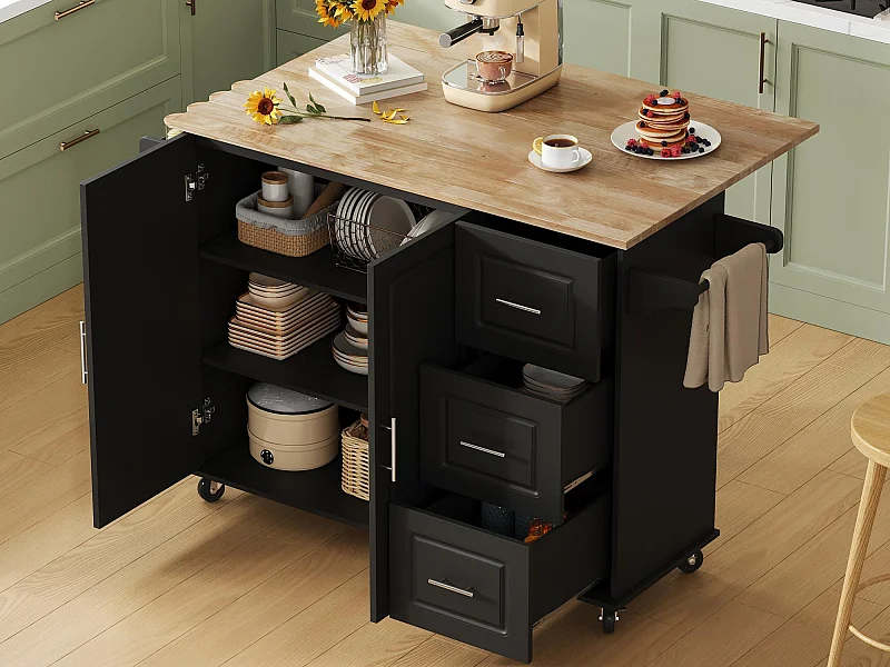 Ilot central de cuisine mobile - plateau extensible - avec porte-serviettes - avec roulettes - avec 3 tiroirs et 2 portes - MDF - Noir