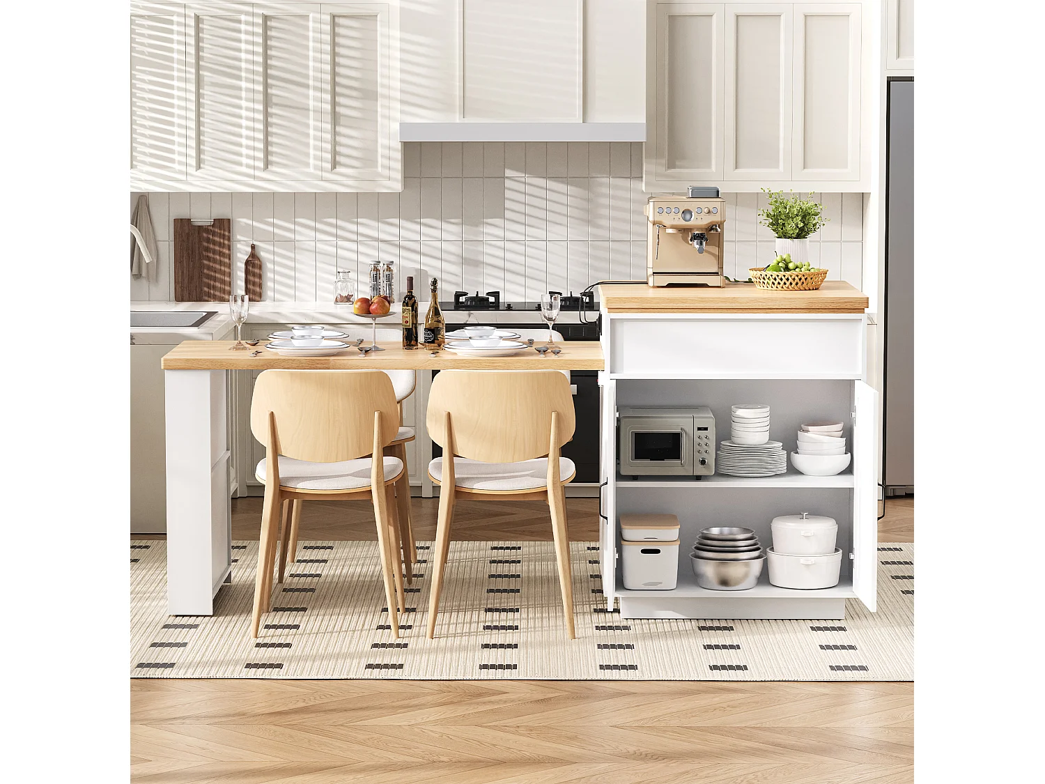 Ilot central de cuisine - table à manger extensible - avec éclairage LED - avec prise de courant - avec roulettes et espace de rangement - Naturel + Blanc