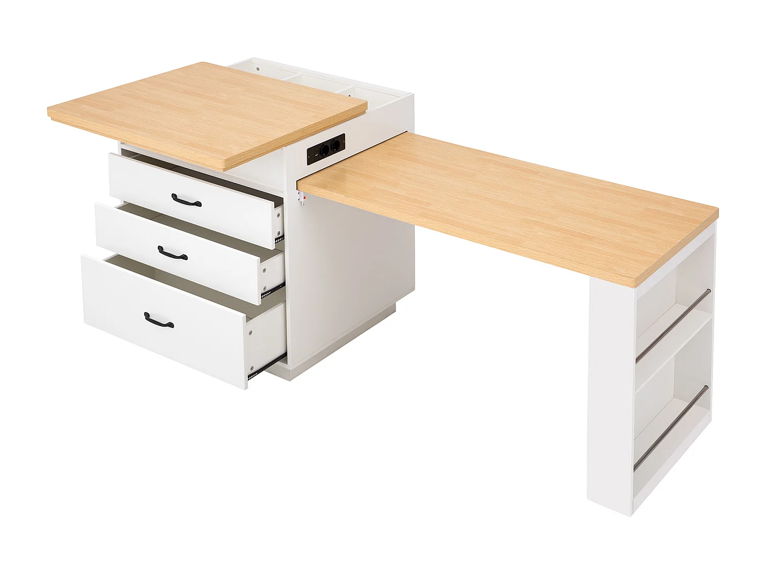 Ilot central de cuisine - table à manger extensible - avec éclairage LED - avec prise de courant - avec roulettes et espace de rangement - Naturel + Blanc