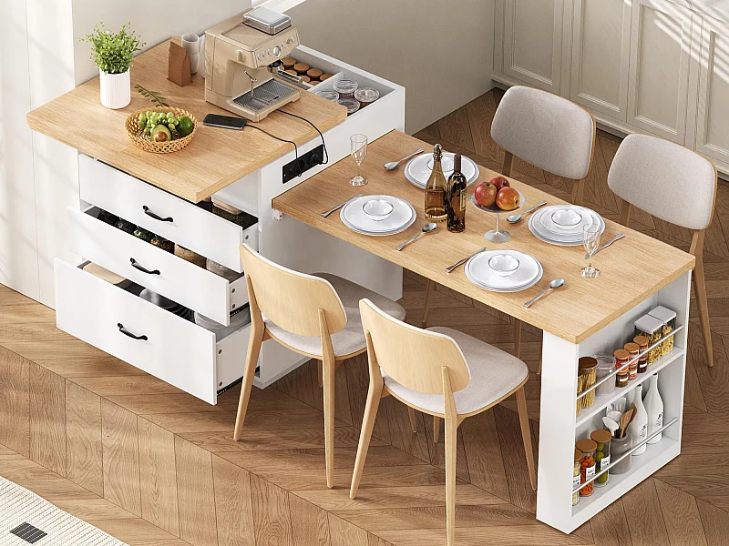 Ilot central de cuisine - table à manger extensible - avec éclairage LED - avec prise de courant - avec roulettes et espace de rangement - Naturel + Blanc