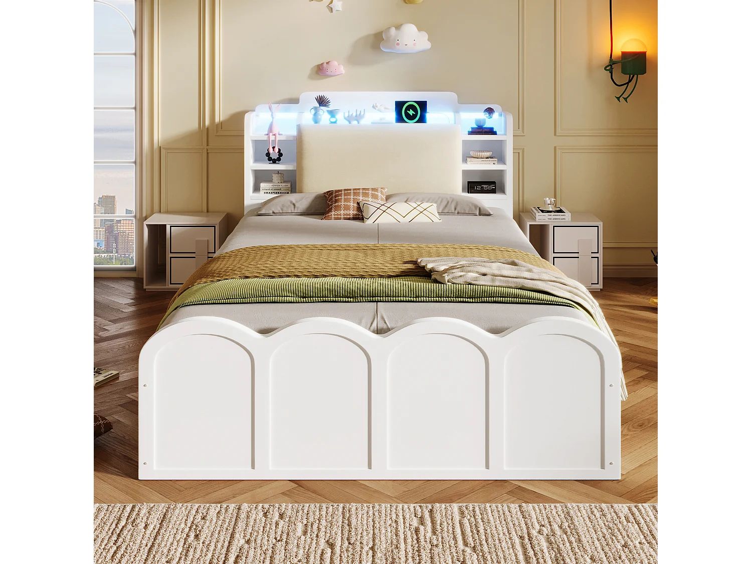 Łóżko z pojemnikiem 90x200 cm - z portem USB Type-C - z oświetleniem LED - wielofunkcyjne miejsce do przechowywania - biały​ (materac nie jest wliczony w cenę)