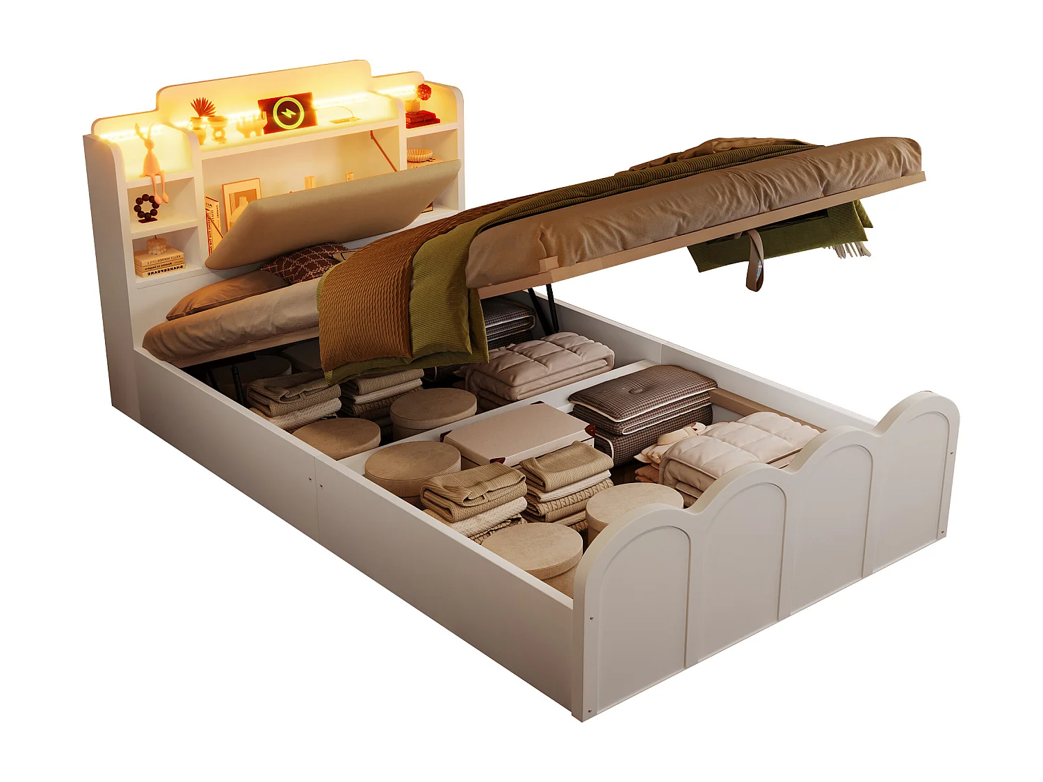 Łóżko z pojemnikiem 90x200 cm - z portem USB Type-C - z oświetleniem LED - wielofunkcyjne miejsce do przechowywania - biały​ (materac nie jest wliczony w cenę)