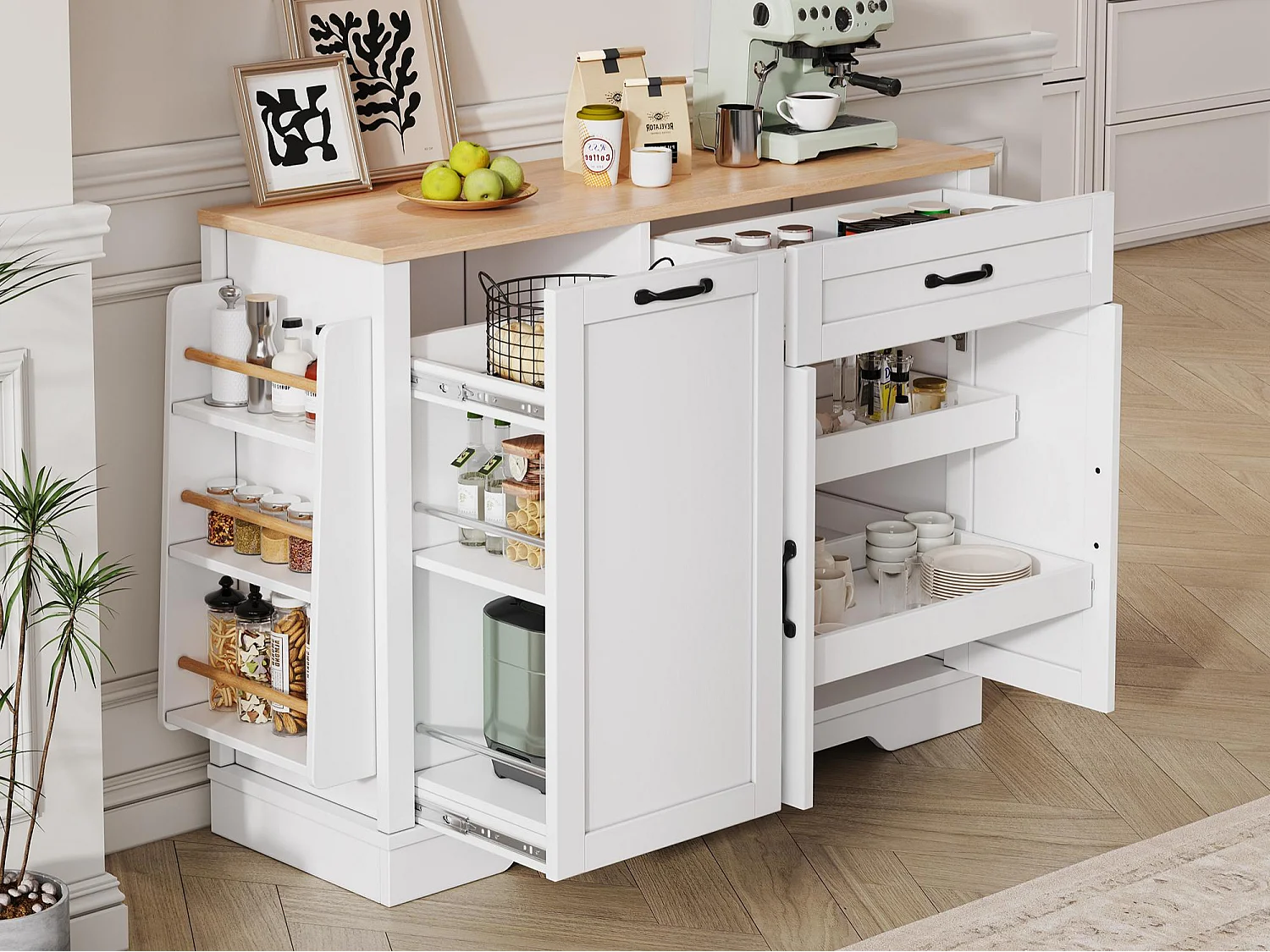 Buffet moderne 115x40x87cm - avec 3 portes et 1 tiroir - avec étagère à épices - blanc + naturel