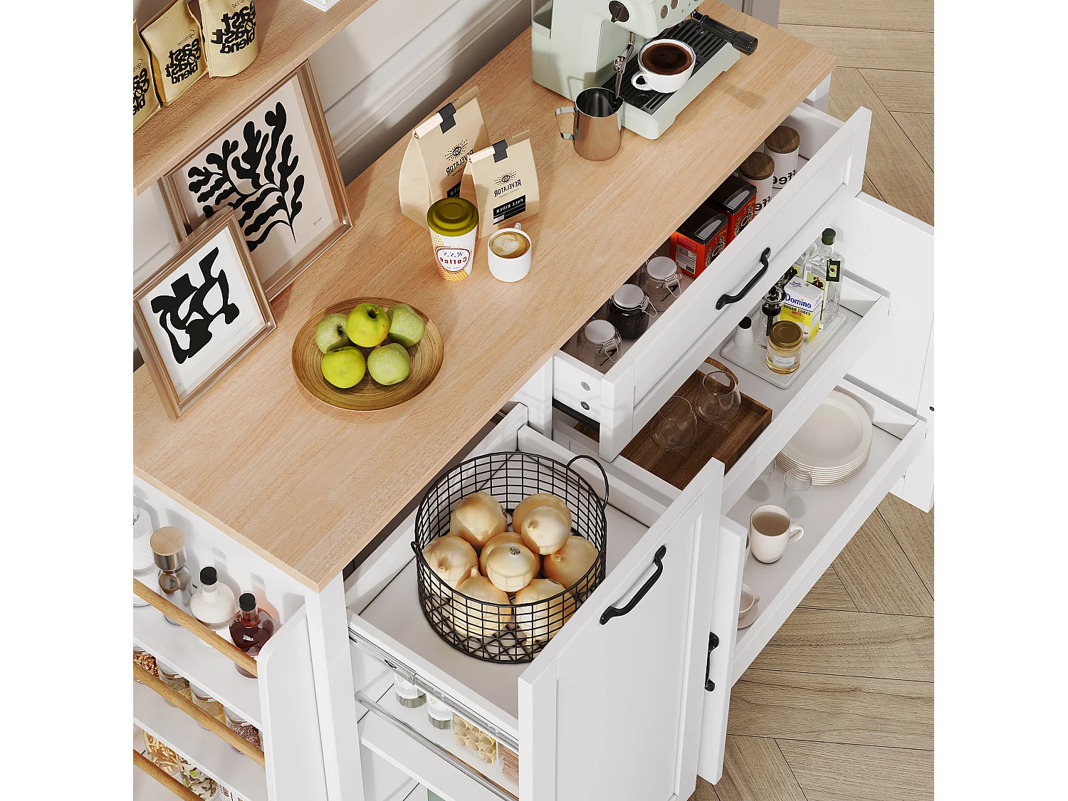 Buffet moderne 115x40x87cm - avec 3 portes et 1 tiroir - avec étagère à épices - blanc + naturel