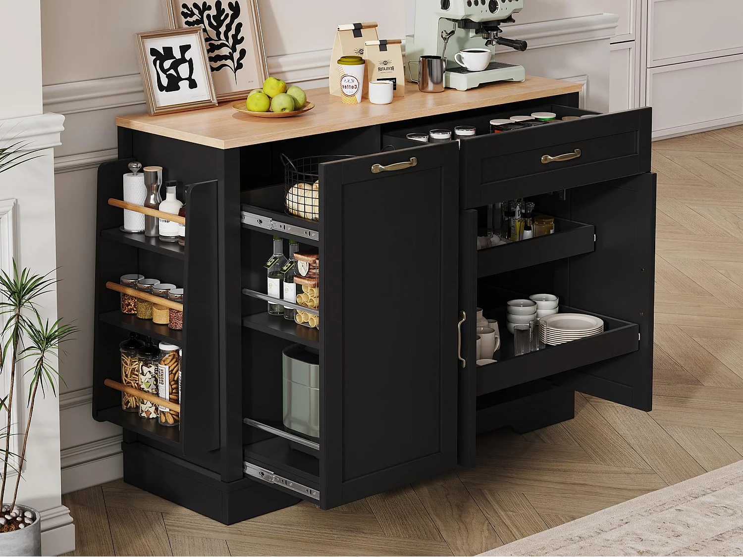 Buffet moderne 115x40x87cm - avec 3 portes et 1 tiroir - avec étagère à épices - noir + naturel