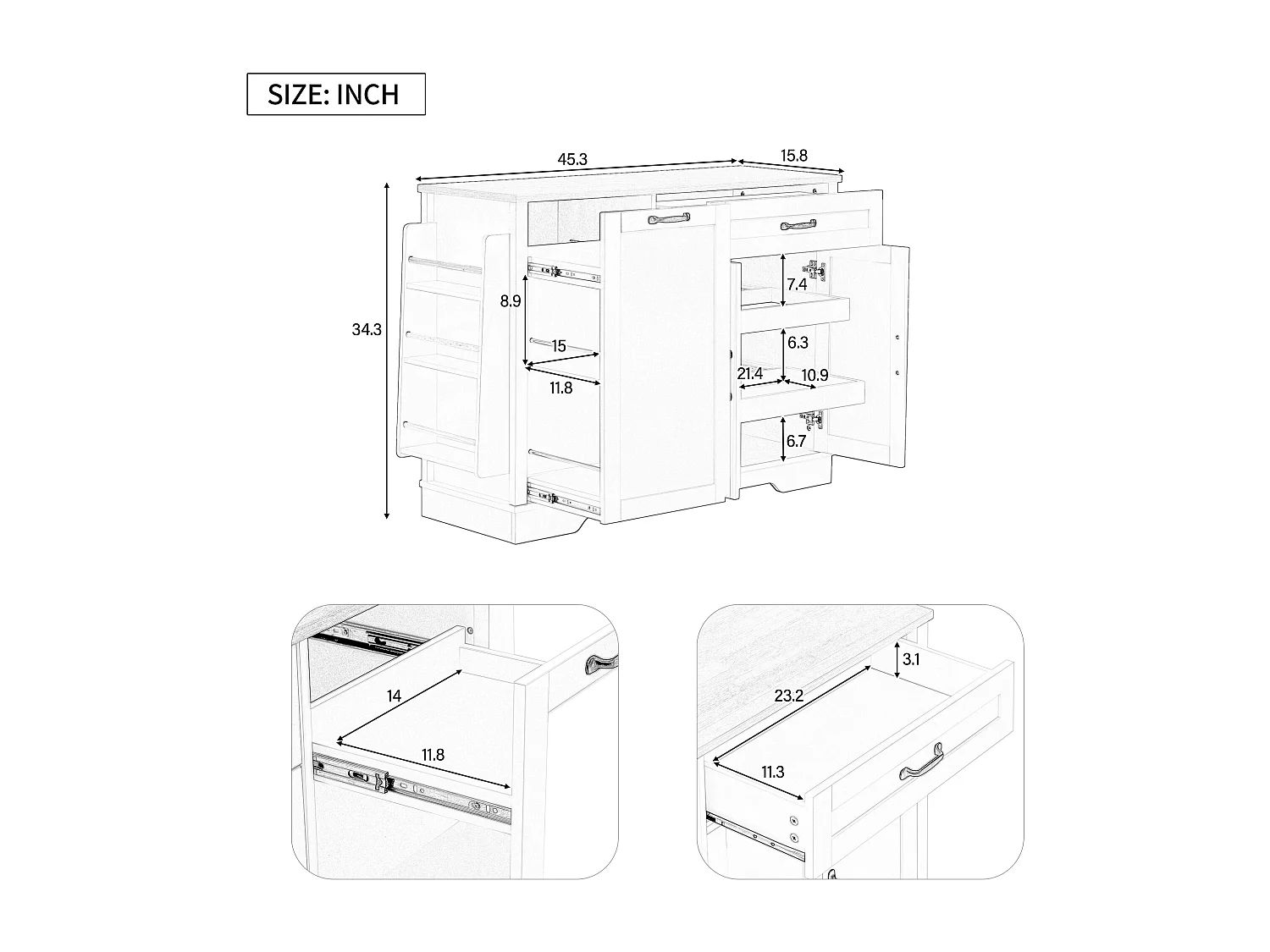 Buffet moderne 115x40x87cm - avec 3 portes et 1 tiroir - avec étagère à épices - noir + naturel