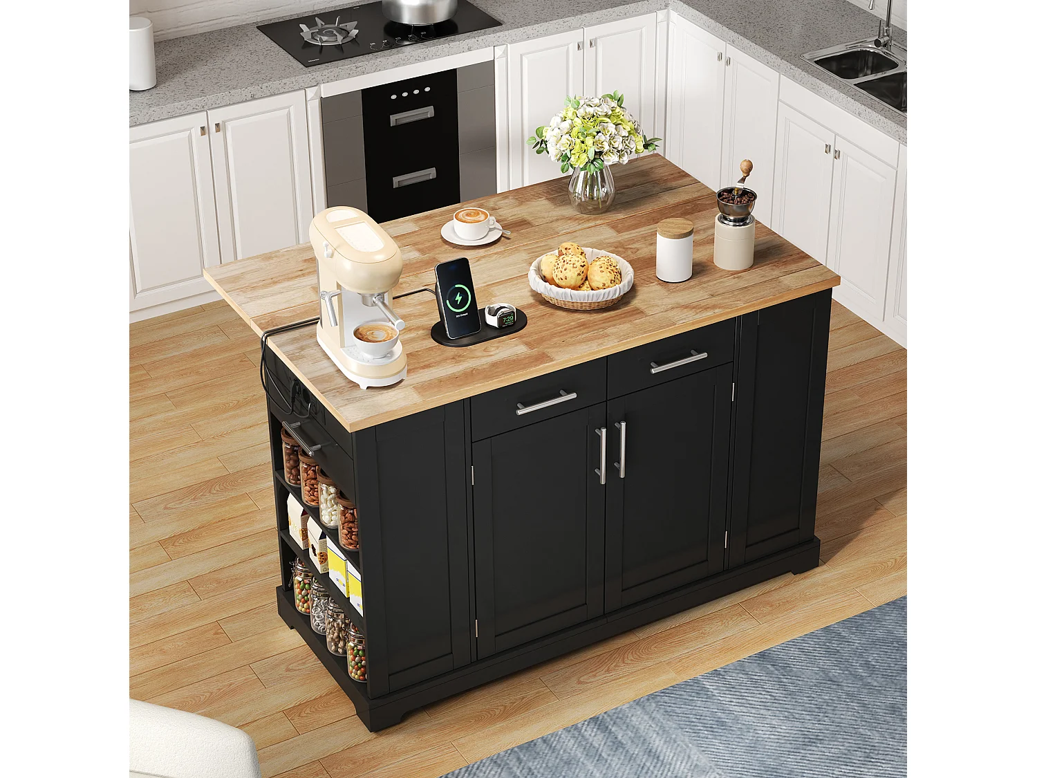 Mobile zentrale Kücheninsel - ausziehbares Tischblatt - mit Steckdose und ausziehbarer Mülltonne - mit Rollen - mit 3 Schubladen und 3 Türen - Schwarz + Natur